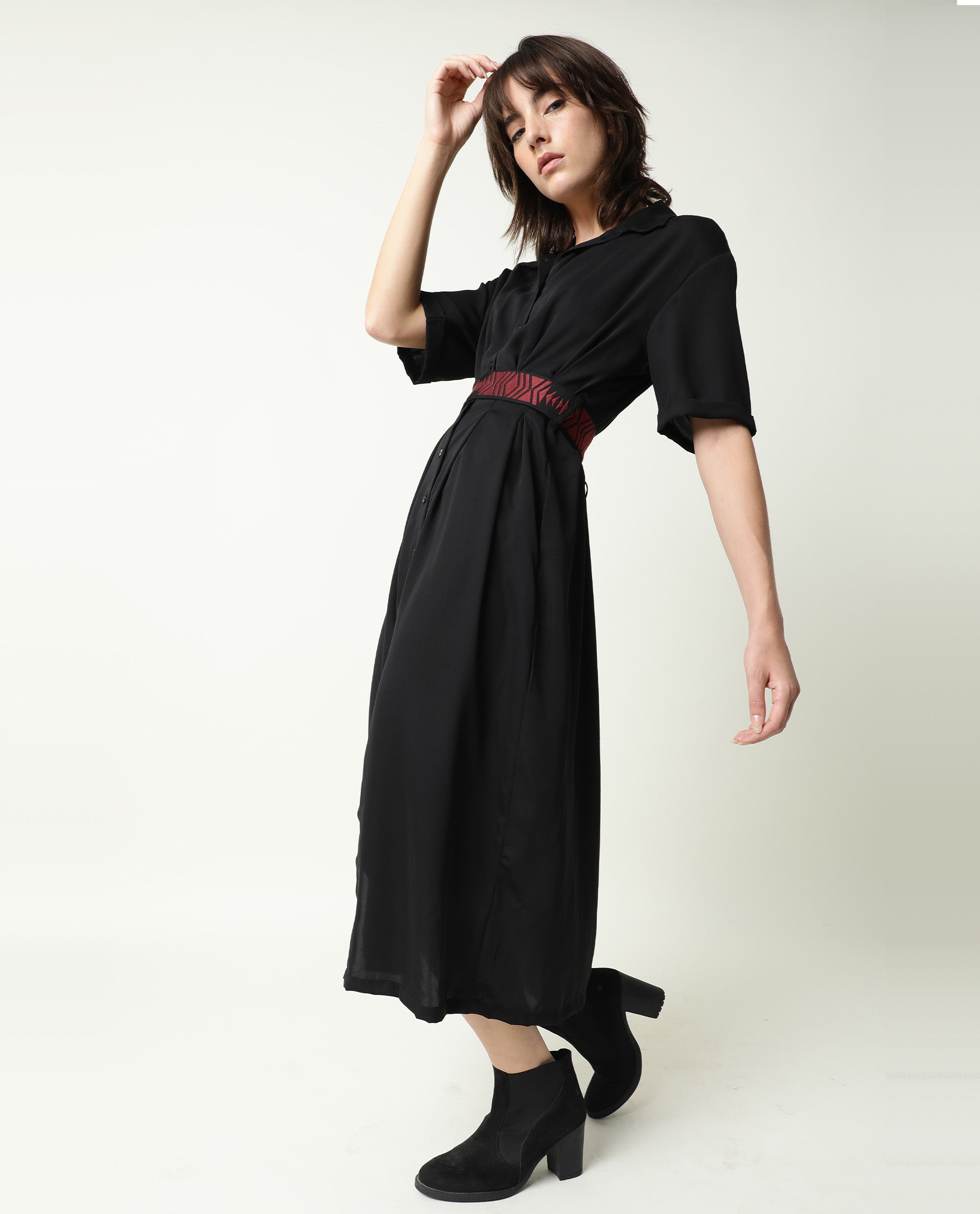 Rareism Women Shroff Black Shirt Collar Short Sleeves Front Full Button Placket With Pockets Midi Dress