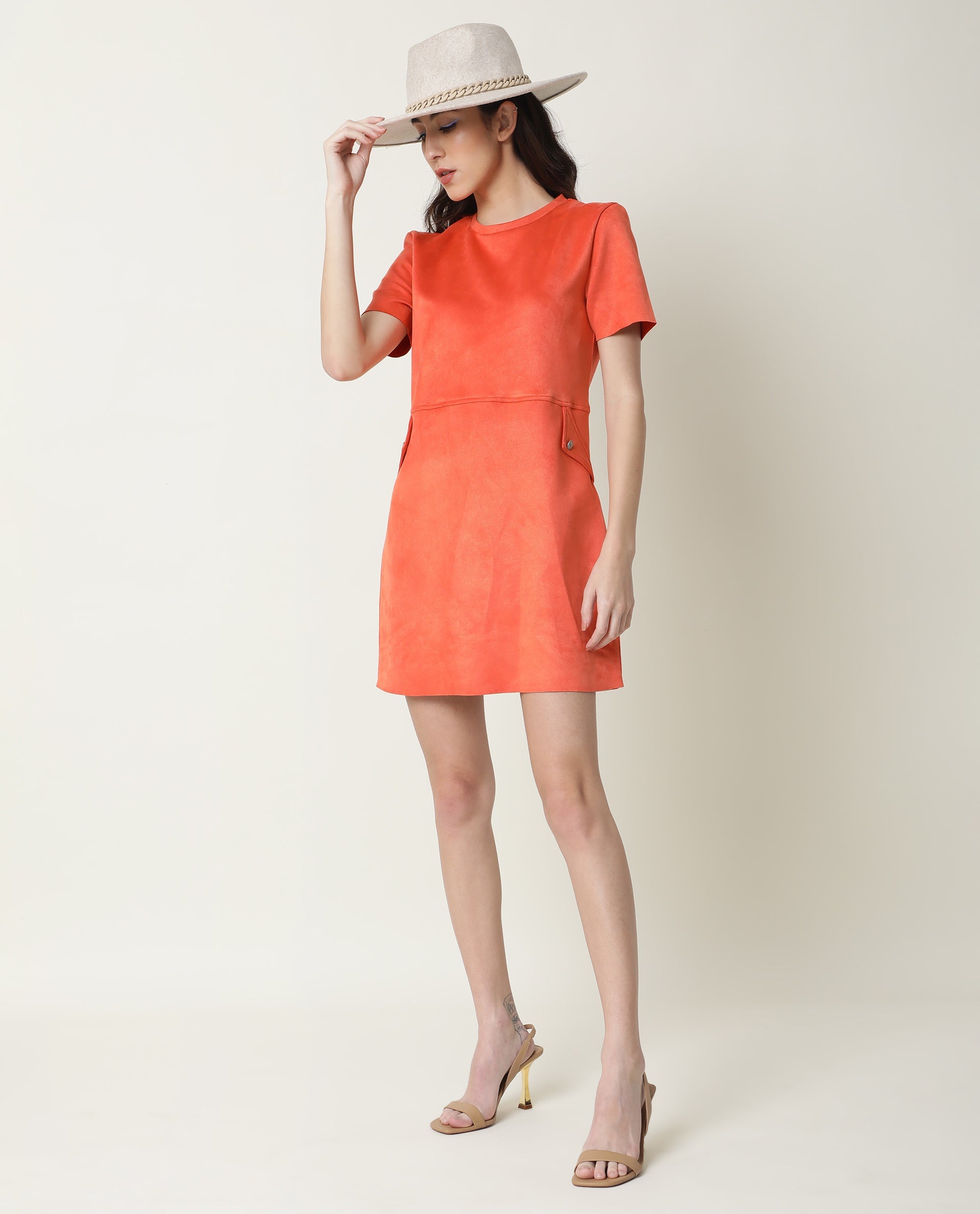 Rareism Women Sions Orange Round Neck Short Sleeves Pseudo Side Pockets Mini Dress