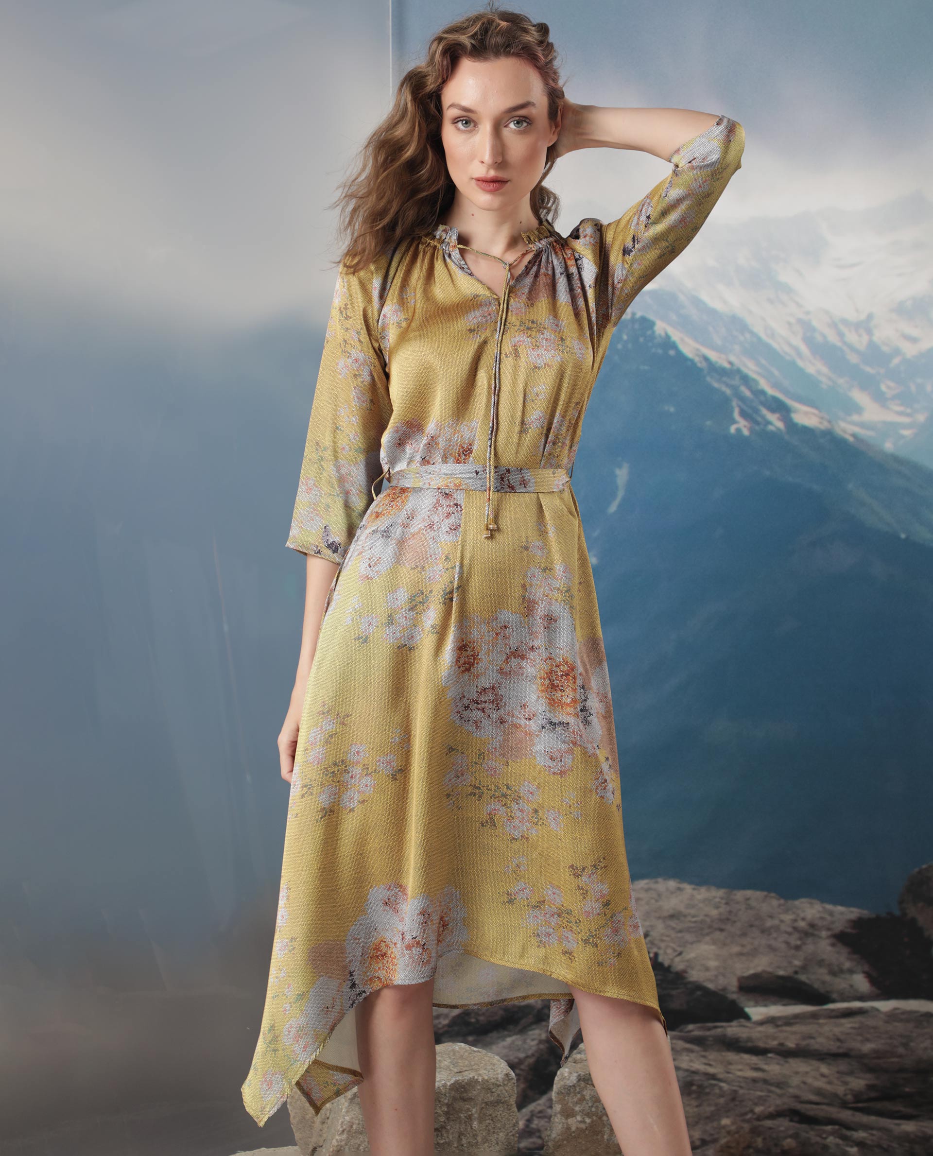 Rareism Women Journee Dark Yellow Polyester Fabric 3/4Th Sleeves Ruffled Neck Regular Fit Floral Print Midi Asymmetric Dress