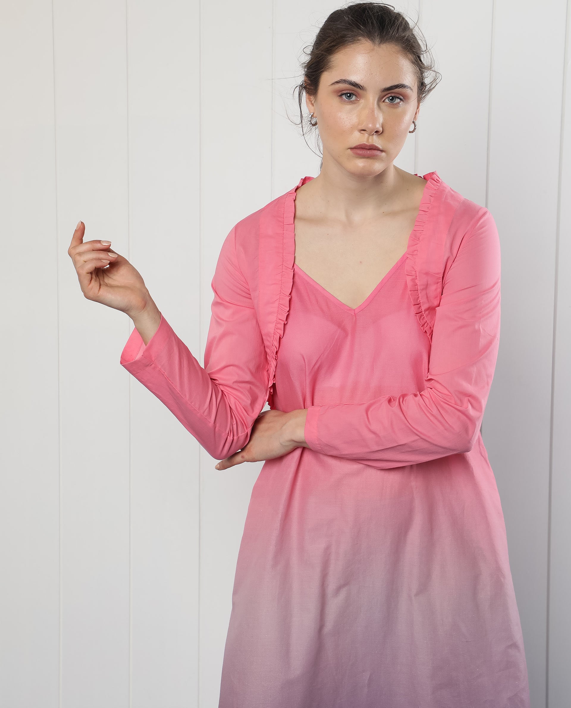 Rareism Women Kathy Overlay Pink Cotton Fabric Full Sleeves V-Neck Relaxed Fit Plain Cropped Shrug