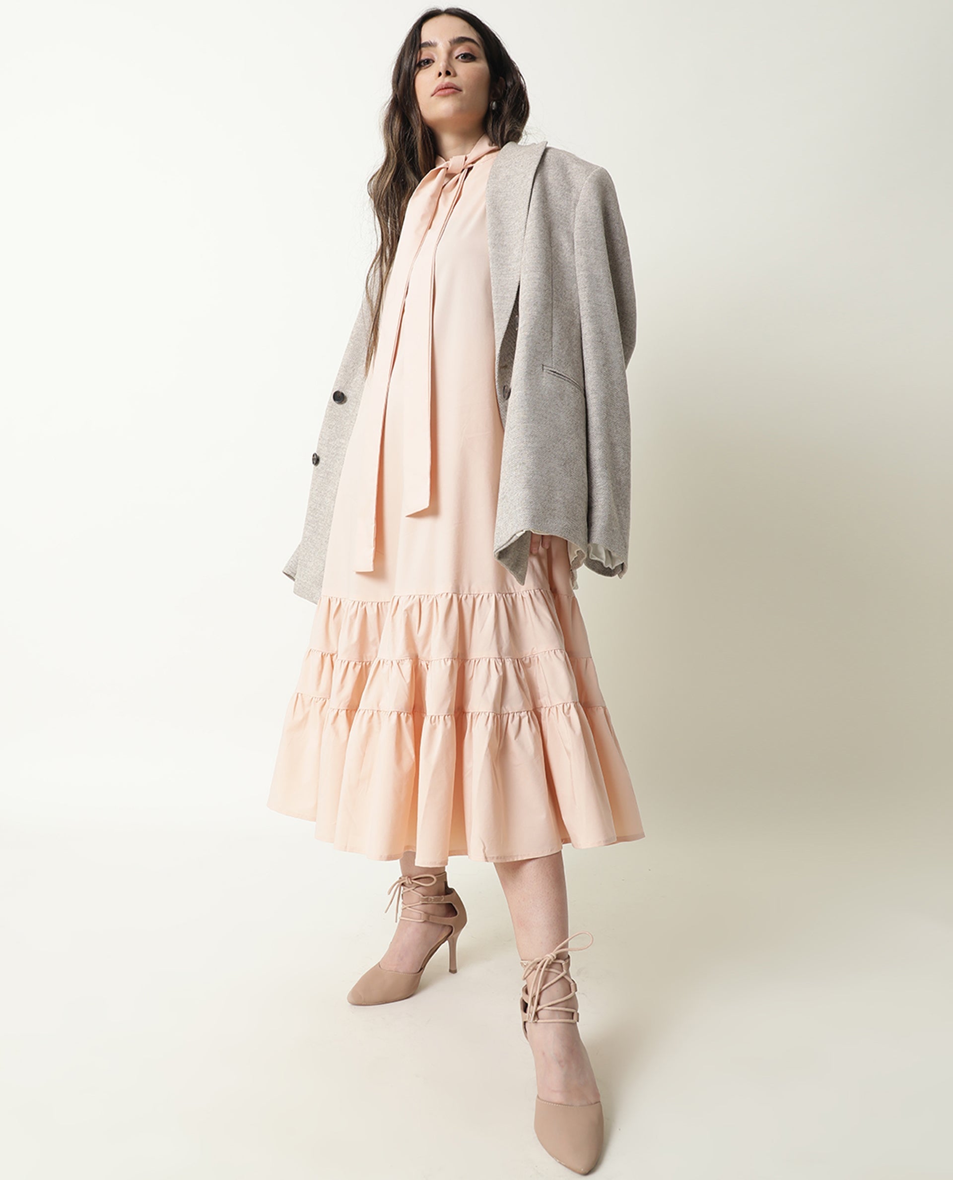 Rareism Women Gino Light Peach Tie Up Neck Sleeveless With Ruffled Hem And Pockets Maxi Dress