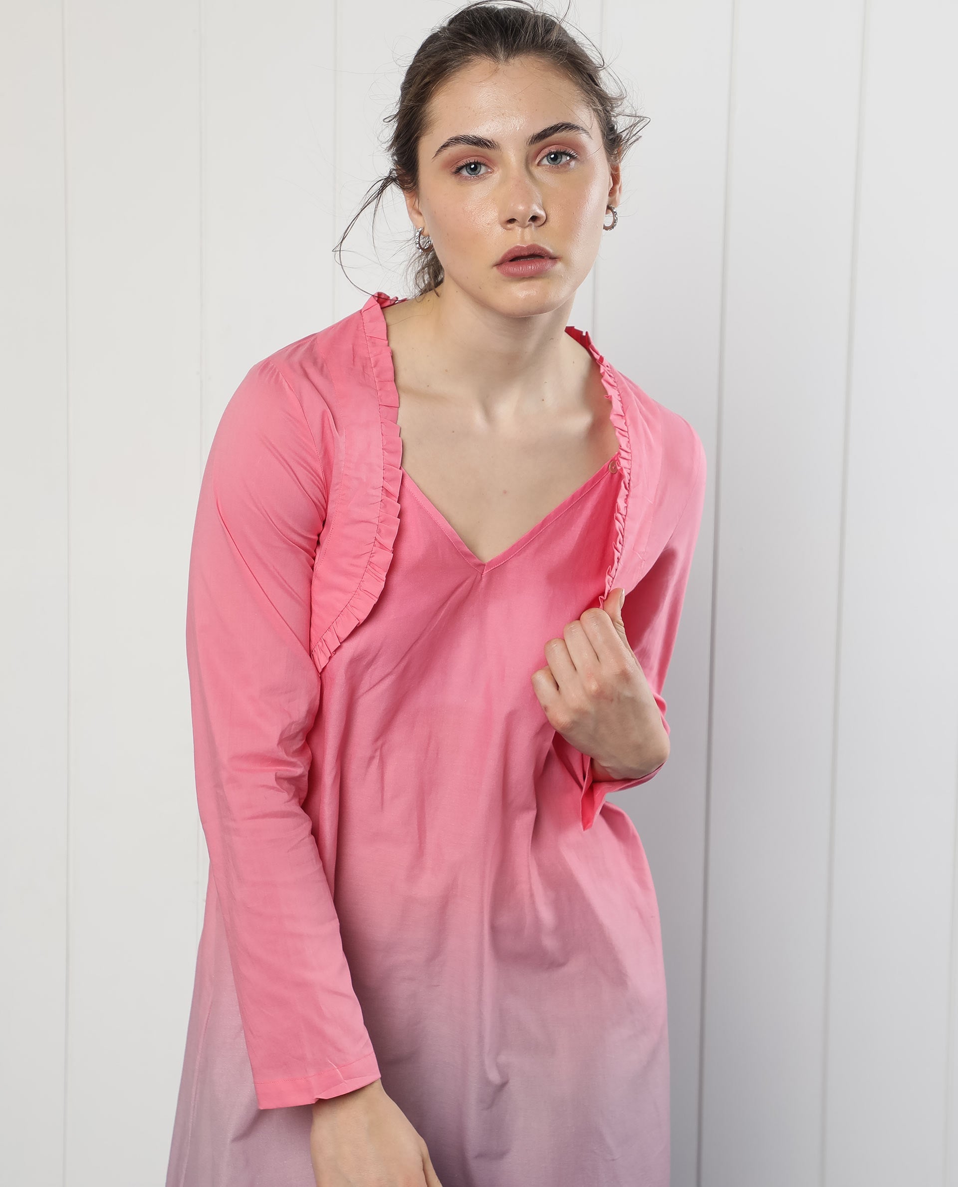 Rareism Women Kathy Overlay Pink Cotton Fabric Full Sleeves V-Neck Relaxed Fit Plain Cropped Shrug