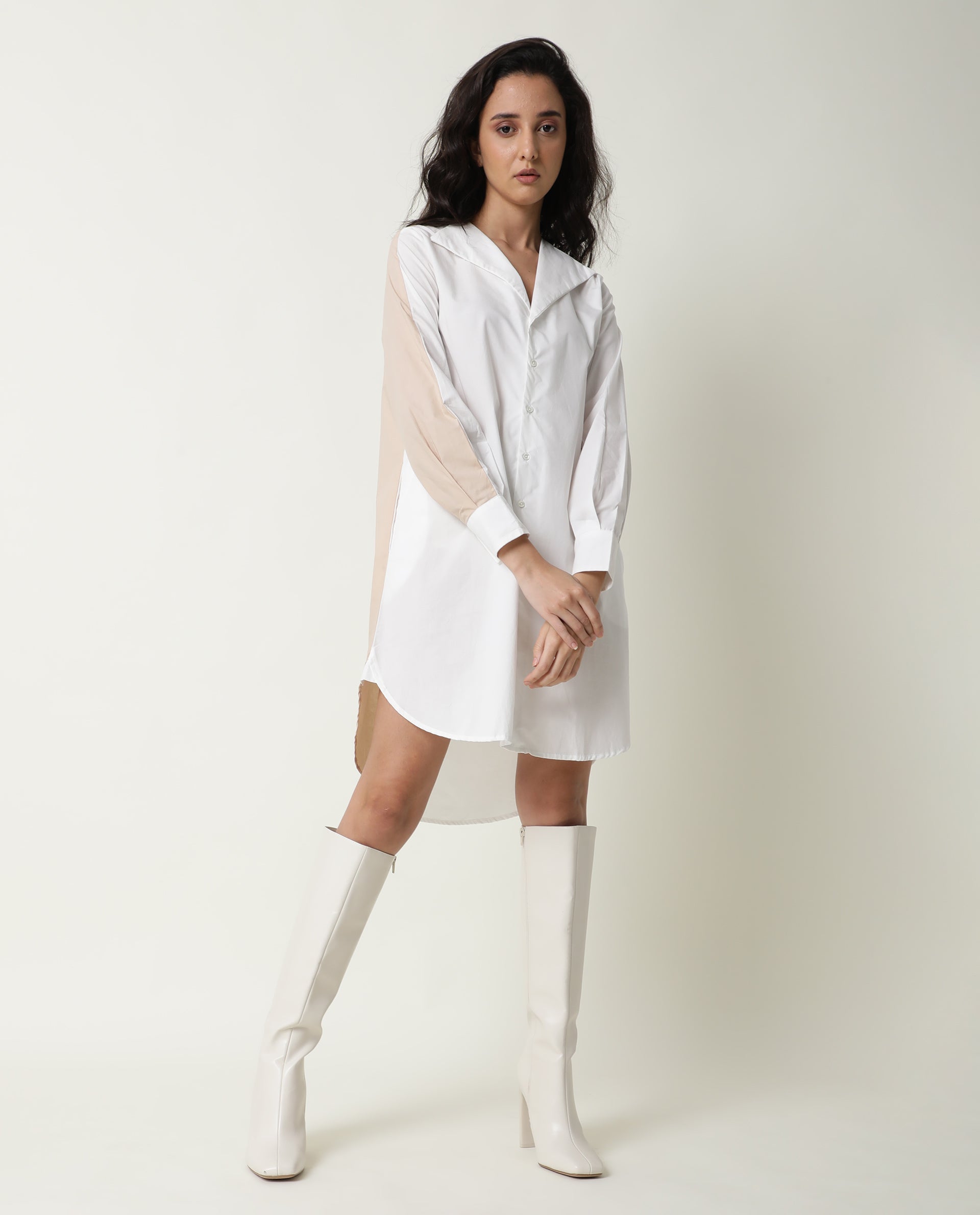 Rareism Women Tally White Cotton Fabric Full Sleeves Collared Neck Solid Short Dress