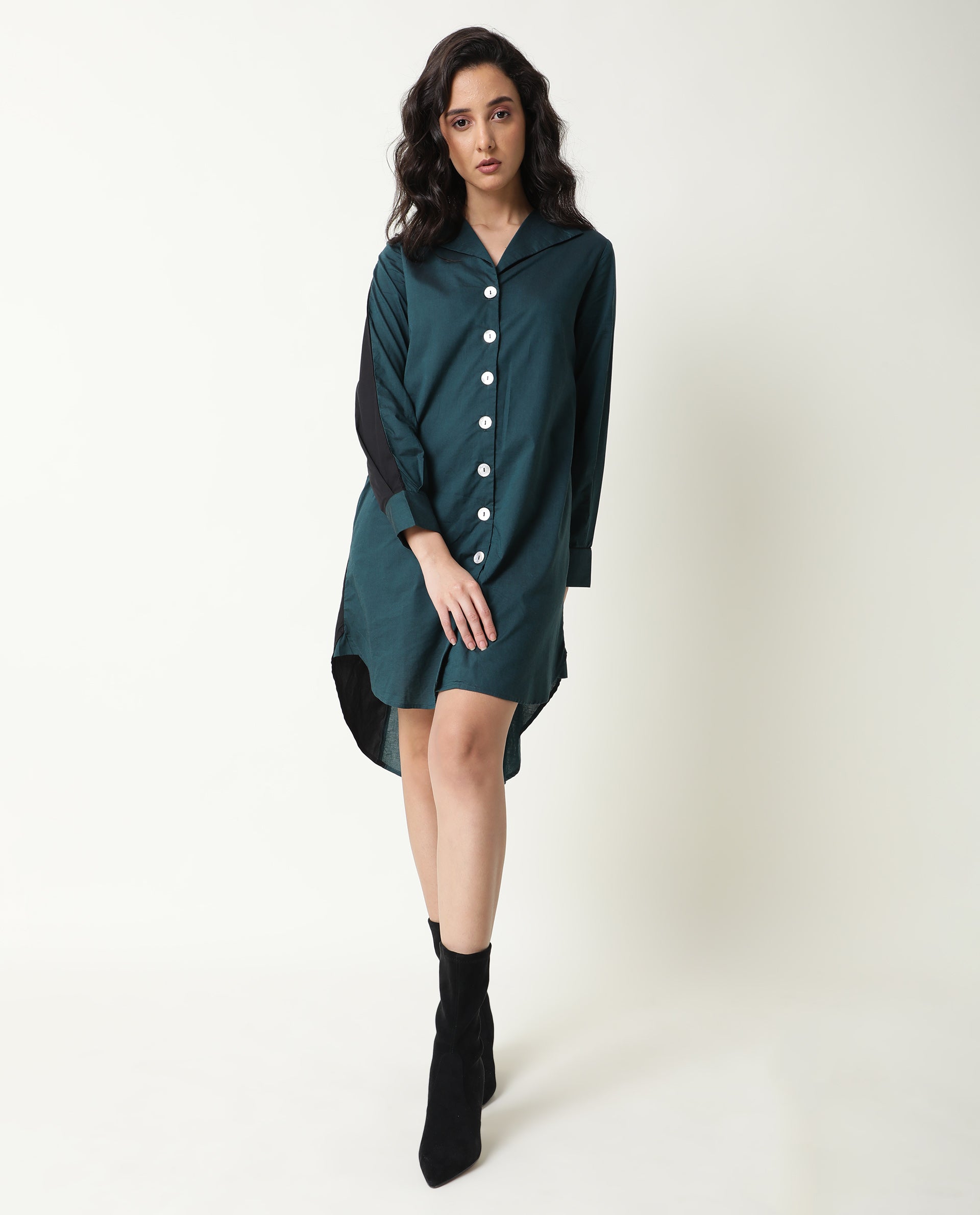 Rareism Women Tally Petrol Overlap Lapel Collar Full Sleeves Front Button Placket Pocket Asymmetrical Knee Length Dress