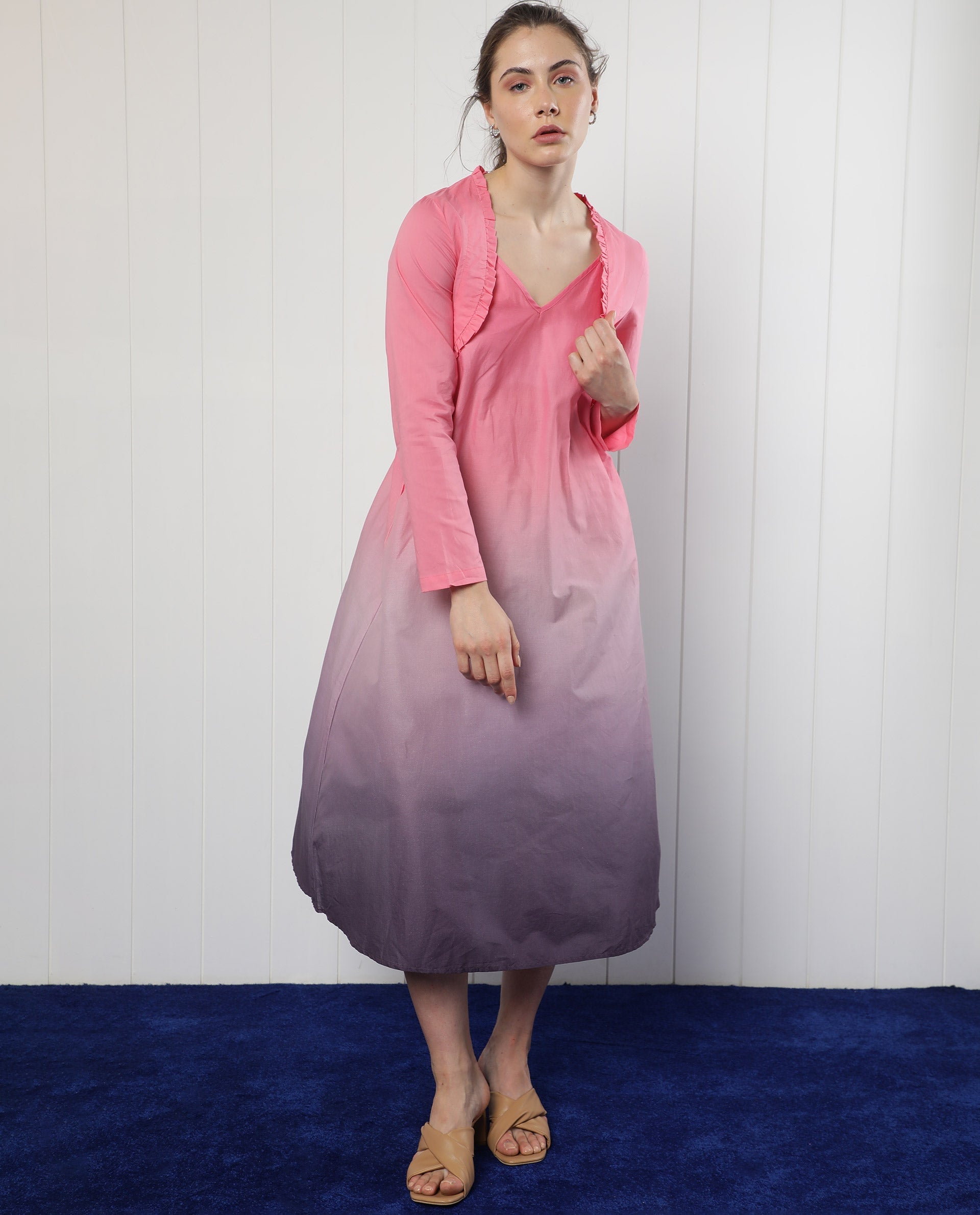 Rareism Women's Kathy Multi Viscose Fabric Shoulder Straps Slip-On Closure Sleeveless Ombre Midi Dress