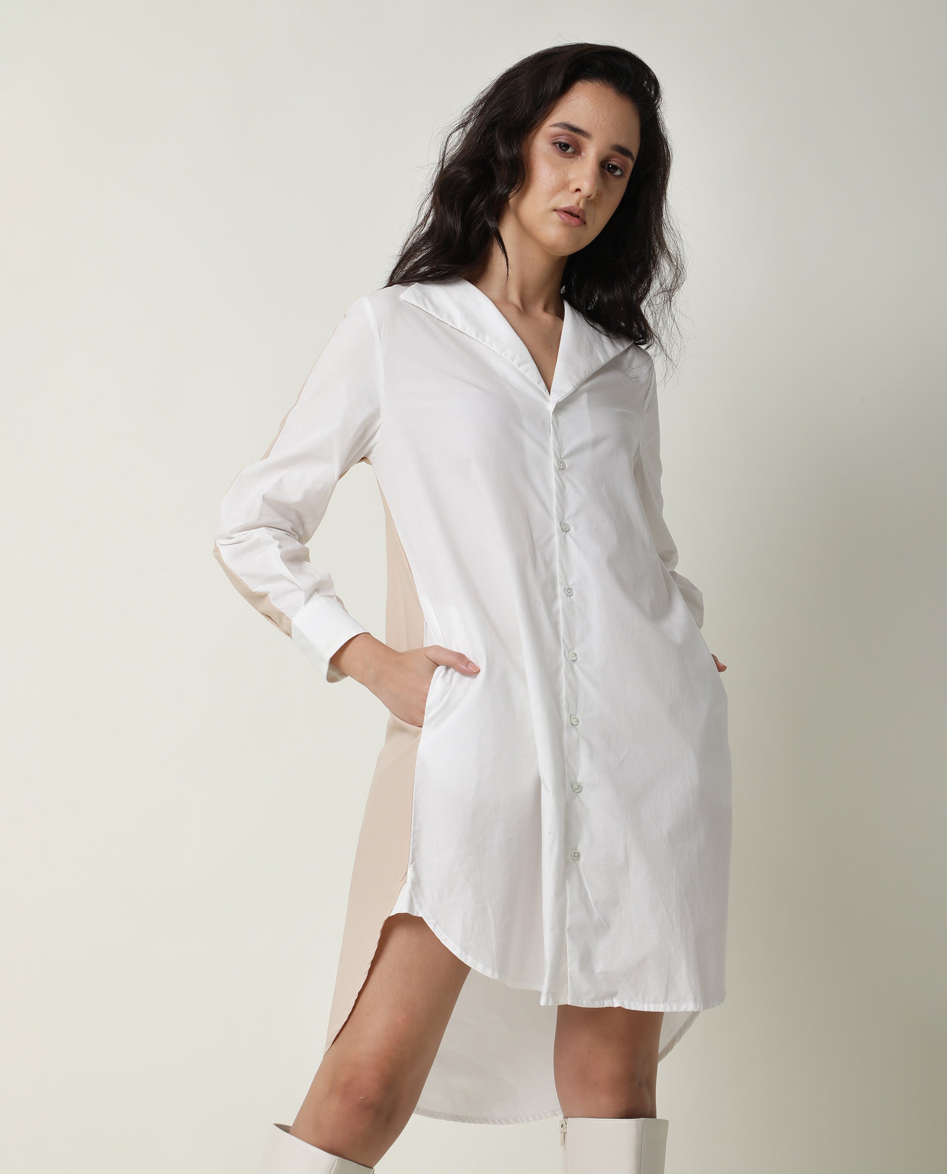 Rareism Women Tally White Cotton Fabric Full Sleeves Collared Neck Solid Short Dress