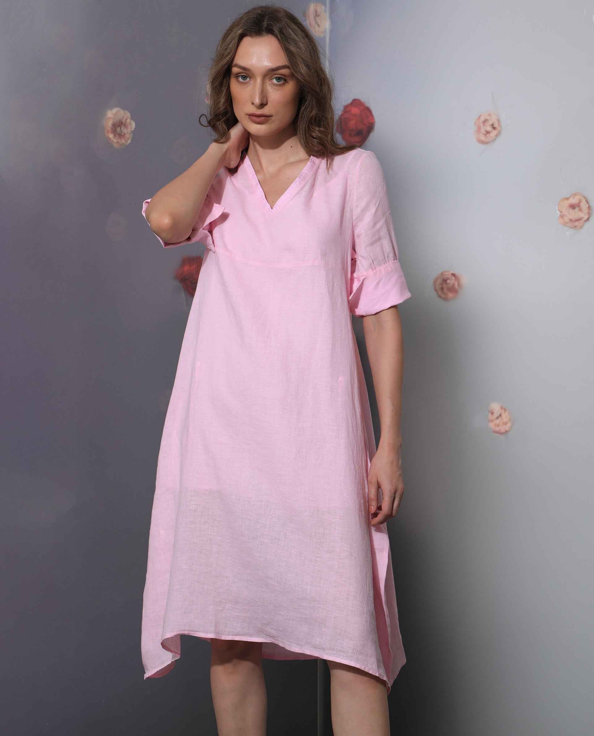 Rareism Women Chreey 1 Pink V Neck Tie-Up 3/4 Sleeves Symmetrical Knee Length Dress