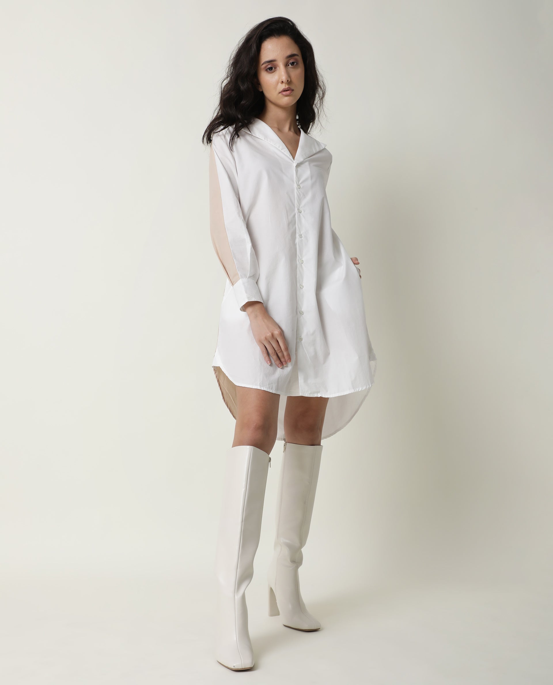 Rareism Women Tally White Cotton Fabric Full Sleeves Collared Neck Solid Short Dress