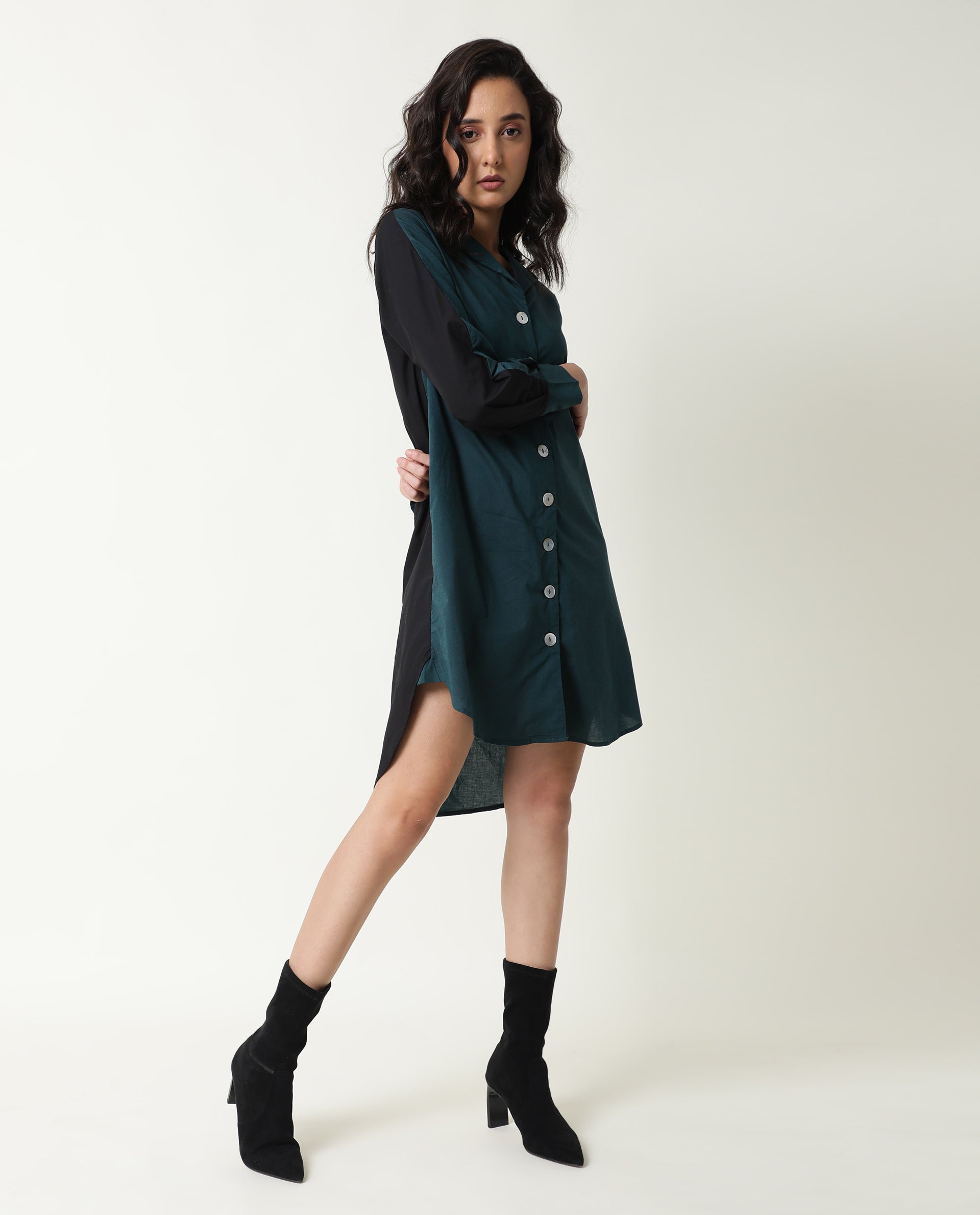 Rareism Women Tally Petrol Overlap Lapel Collar Full Sleeves Front Button Placket Pocket Asymmetrical Knee Length Dress