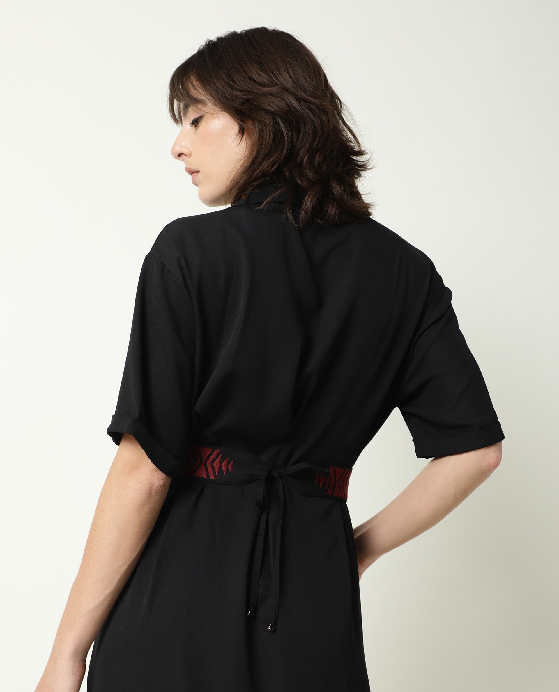 Rareism Women Shroff Black Shirt Collar Short Sleeves Front Full Button Placket With Pockets Midi Dress