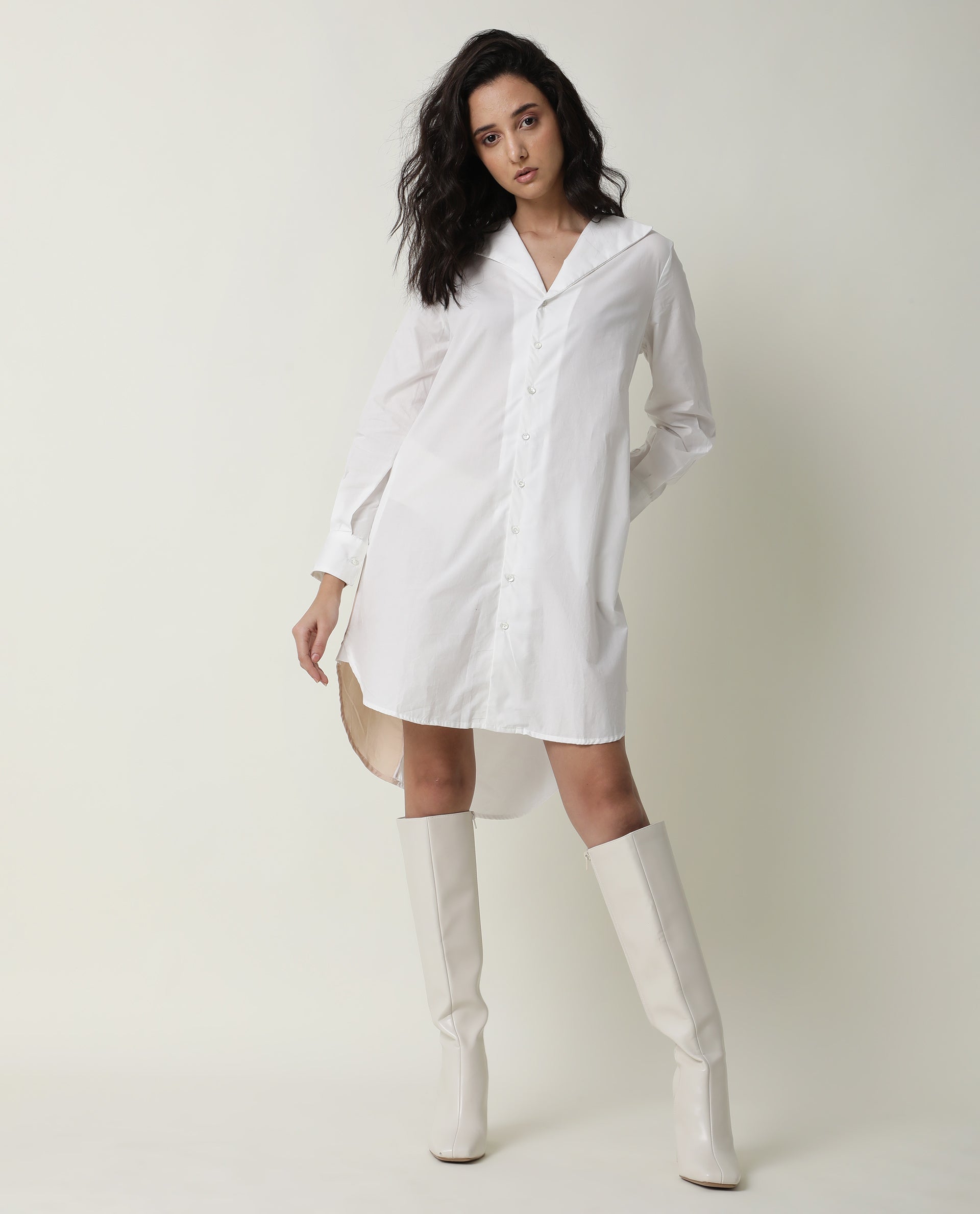 Rareism Women Tally White Cotton Fabric Full Sleeves Collared Neck Solid Short Dress