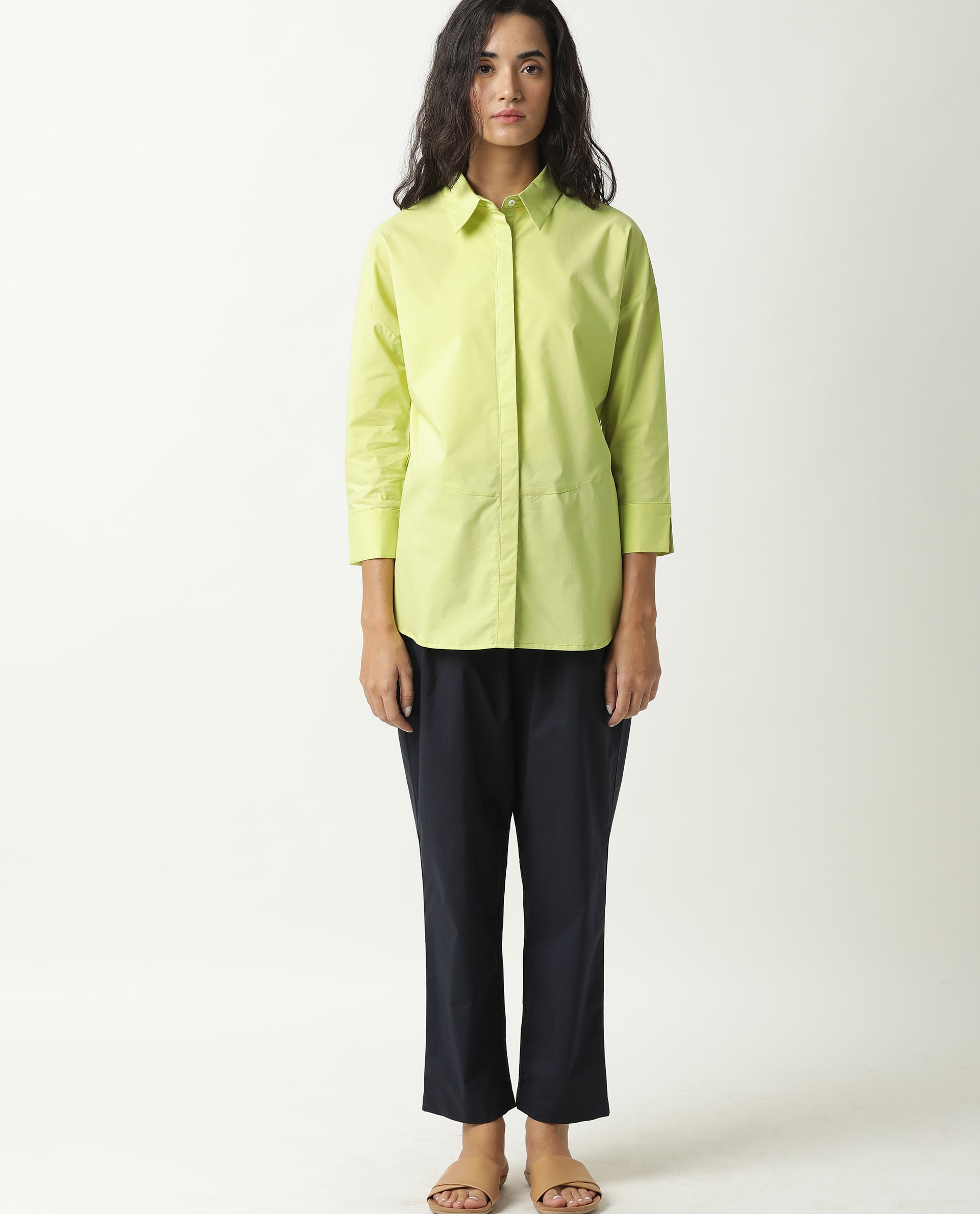 Rareism Womens Eleven Green Top Polyester Fabric Regular Fit 3/4 Sleeve Collared Neck