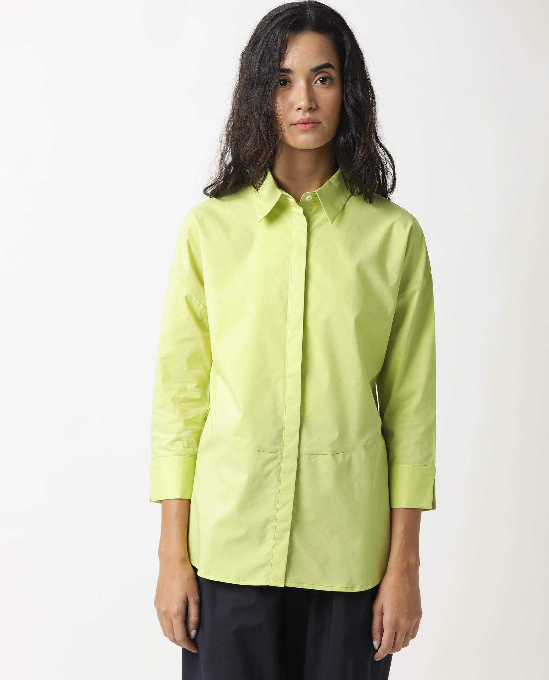 Rareism Womens Eleven Green Top Polyester Fabric Regular Fit 3/4 Sleeve Collared Neck