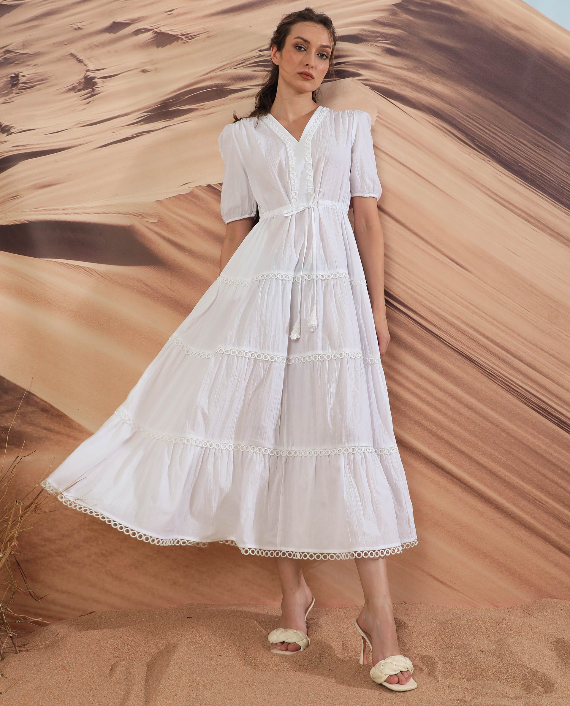 Rareism Women Rivoli White V Neck Balloon Sleeves With Elastic Waist And Pockets Tiered Maxi Dress