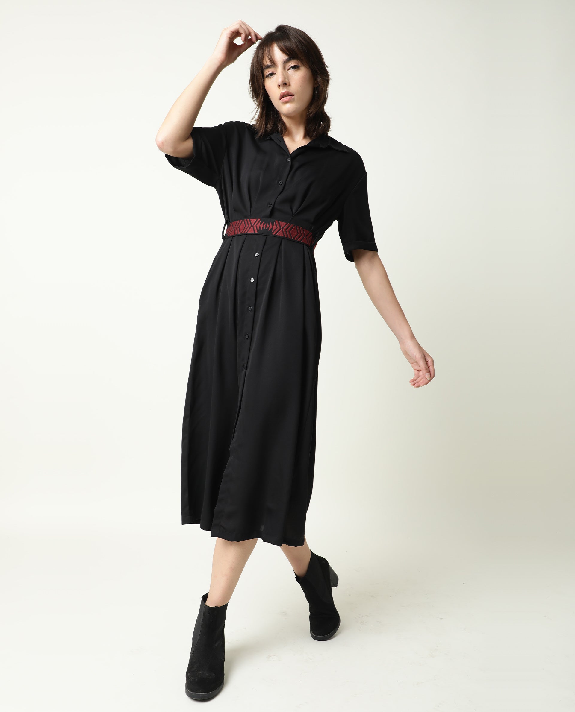 Rareism Women Shroff Black Shirt Collar Short Sleeves Front Full Button Placket With Pockets Midi Dress