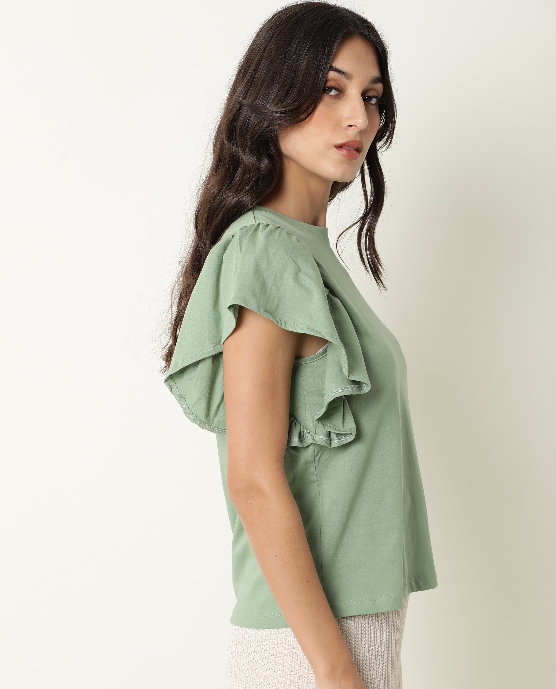 Rareism Womens Yatch Green Top Cotton Fabric Regular Fit Ruffled Sleeves Crew Neck