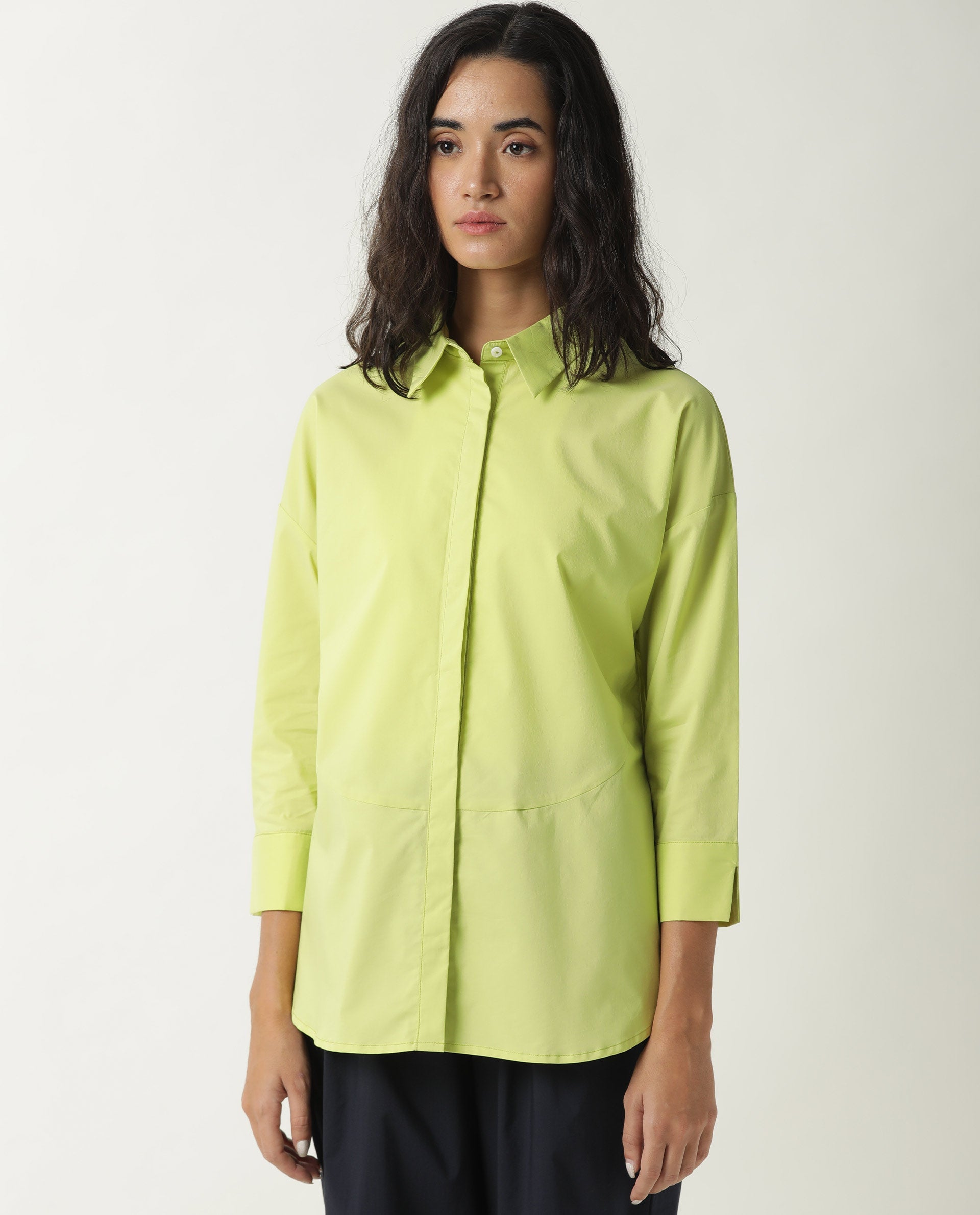 Rareism Womens Eleven Green Top Polyester Fabric Regular Fit 3/4 Sleeve Collared Neck