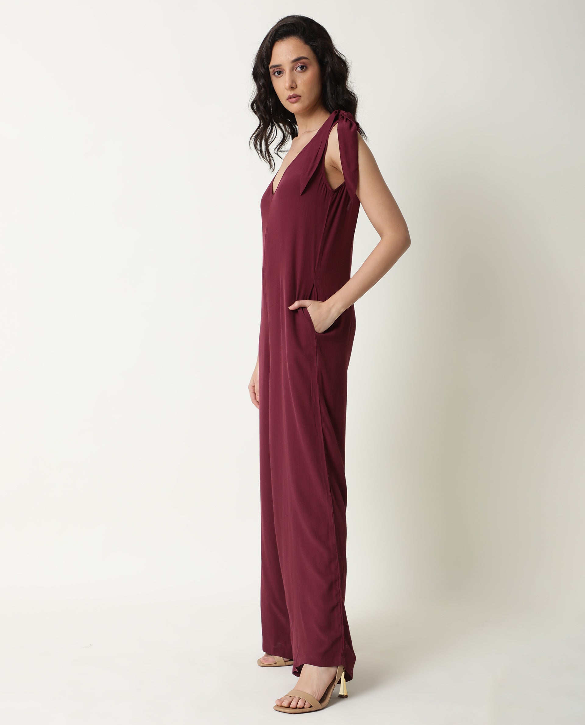 Rareism Women Pivot Maroon Viscose Fabric Tailored Fit Knee Length Solid Jumpsuit