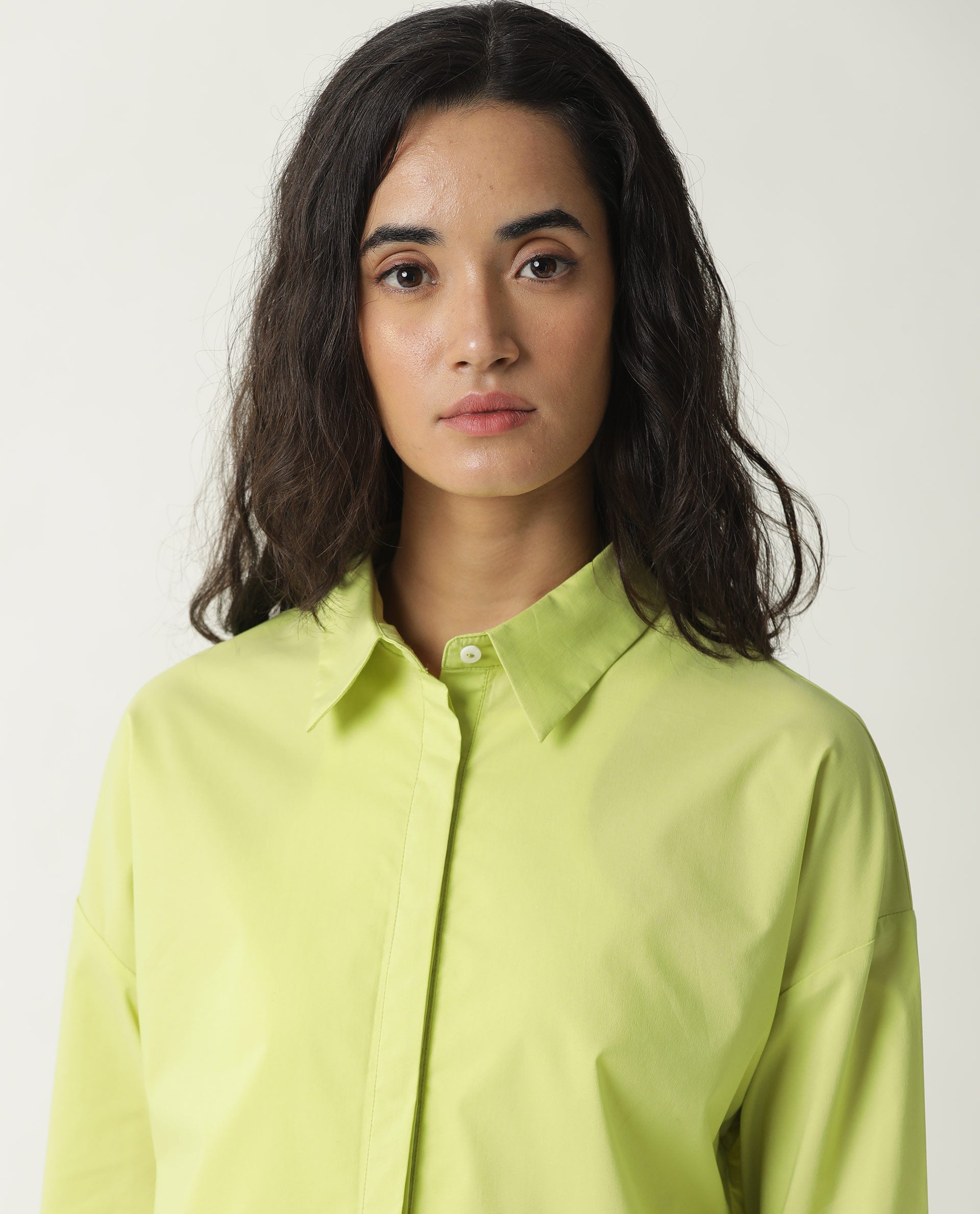 Rareism Womens Eleven Green Top Polyester Fabric Regular Fit 3/4 Sleeve Collared Neck