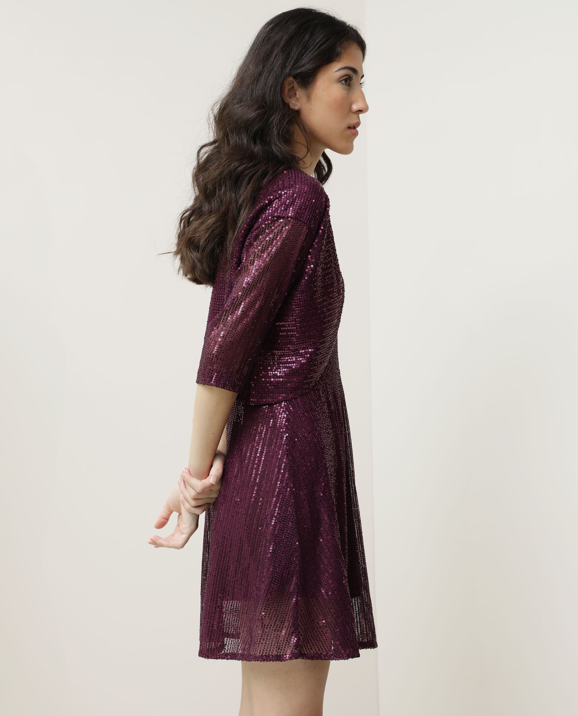 Rareism Women Agog Dark Maroon Nylon Fabric 3/4Th Sleeves Solid Collarless Knee Length Shrug