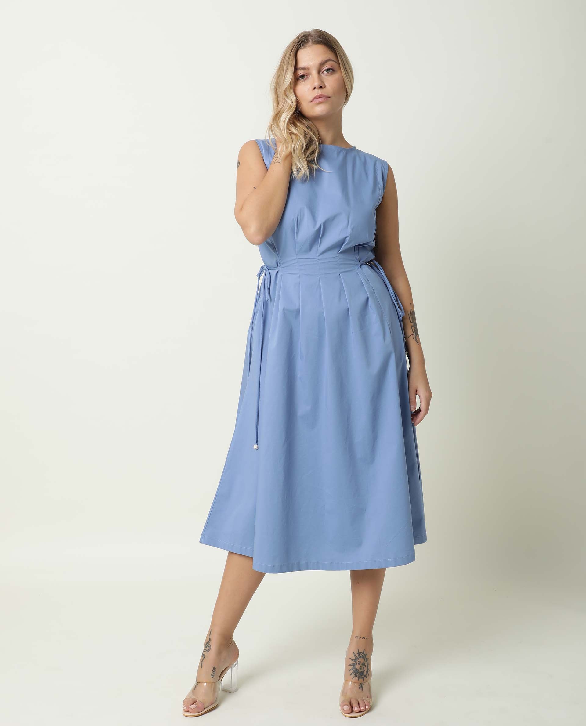 Rareism Women Zippo Blue Boat Neck Sleeveless Waist Drawstring With Back Button Closure And Pockets Midi Dress