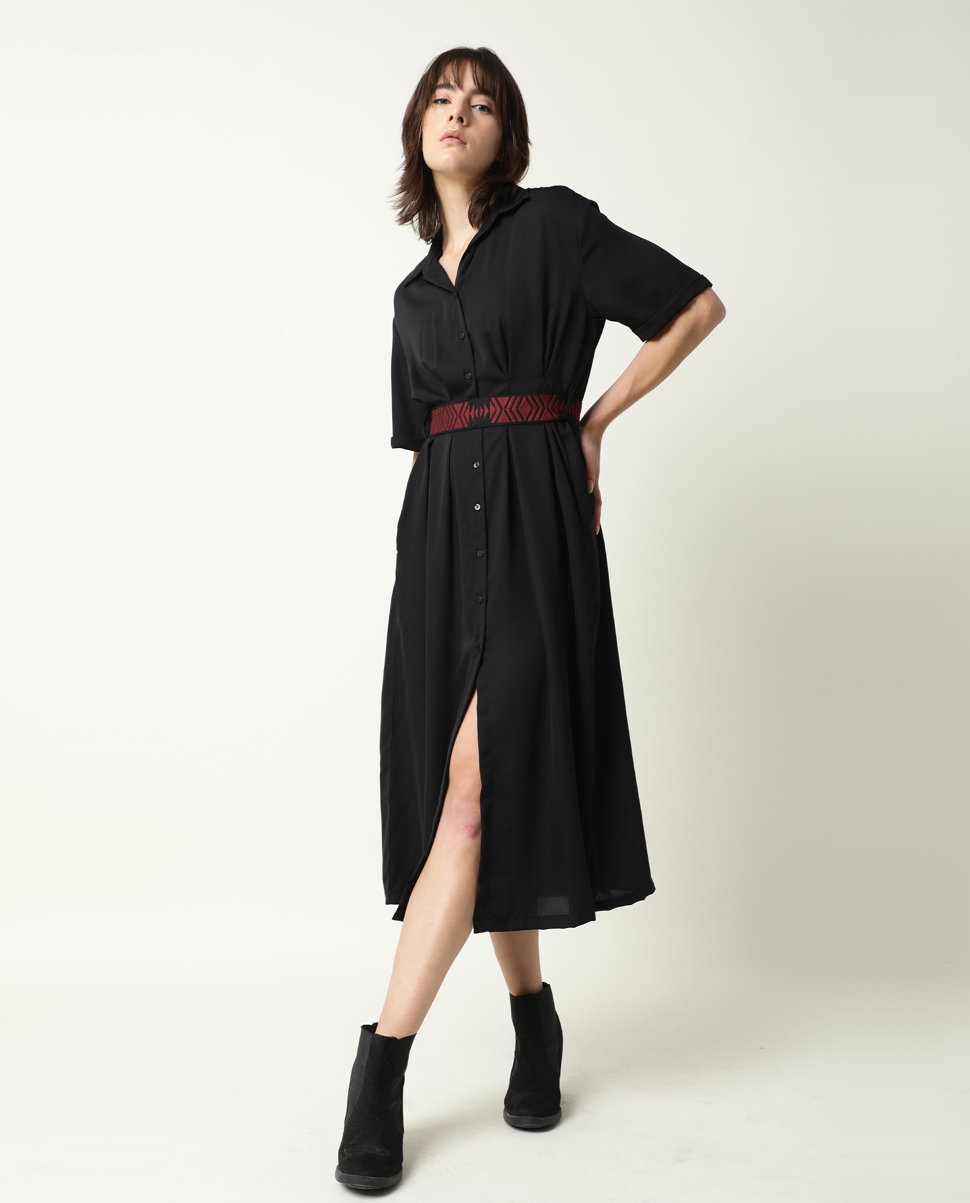 Rareism Women Shroff Black Shirt Collar Short Sleeves Front Full Button Placket With Pockets Midi Dress