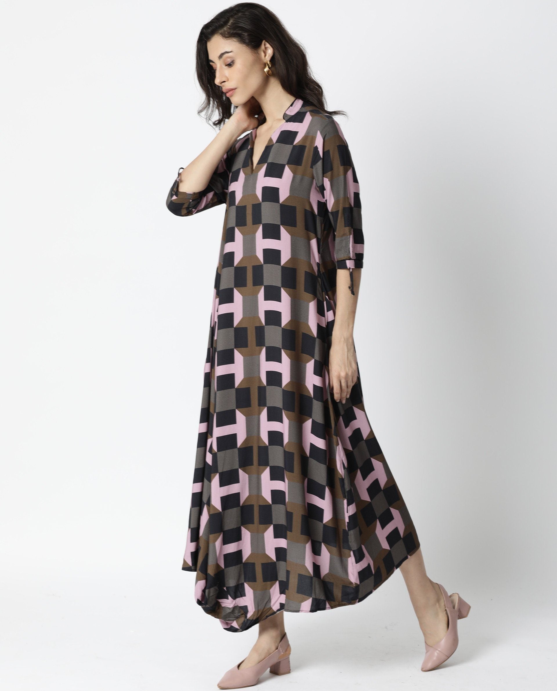 Rareism Womens Kreme Coffee Dress Boxy Fit Collar Neck A Line Half Sleeve