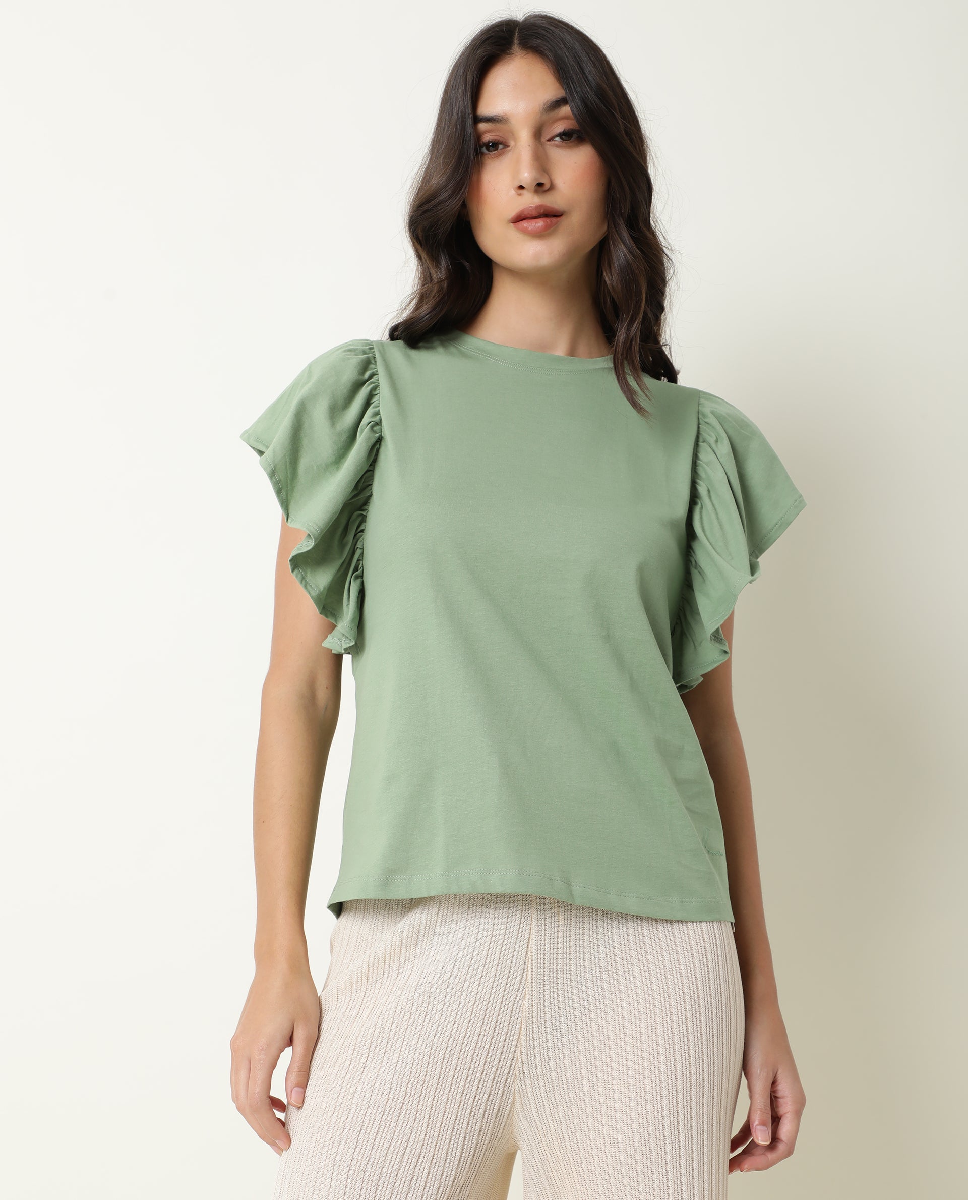 Rareism Womens Yatch Green Top Cotton Fabric Regular Fit Ruffled Sleeves Crew Neck