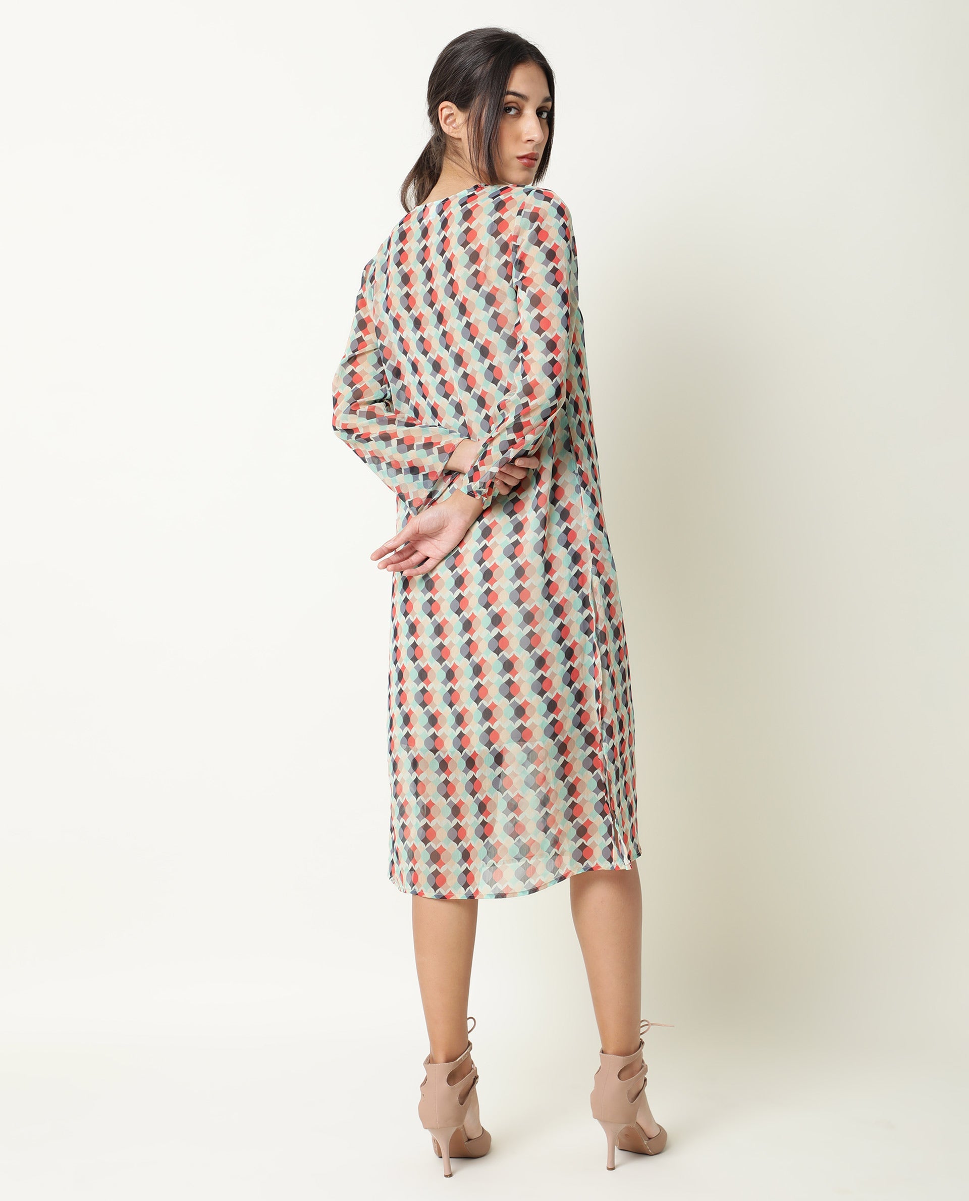 Rareism Women Mirun Multi Abstract Print Shoe Lace Tie Up 3/4 Sleeves Side Slit Sheer Kaftan Midi Dress