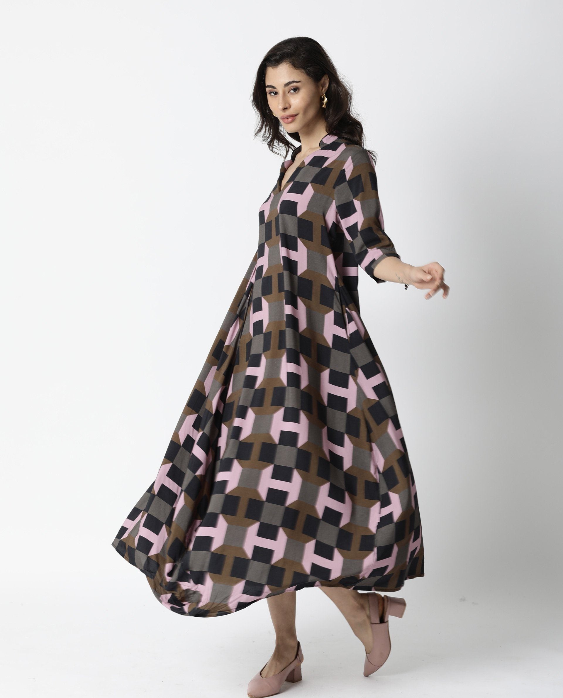 Rareism Womens Kreme Coffee Dress Boxy Fit Collar Neck A Line Half Sleeve