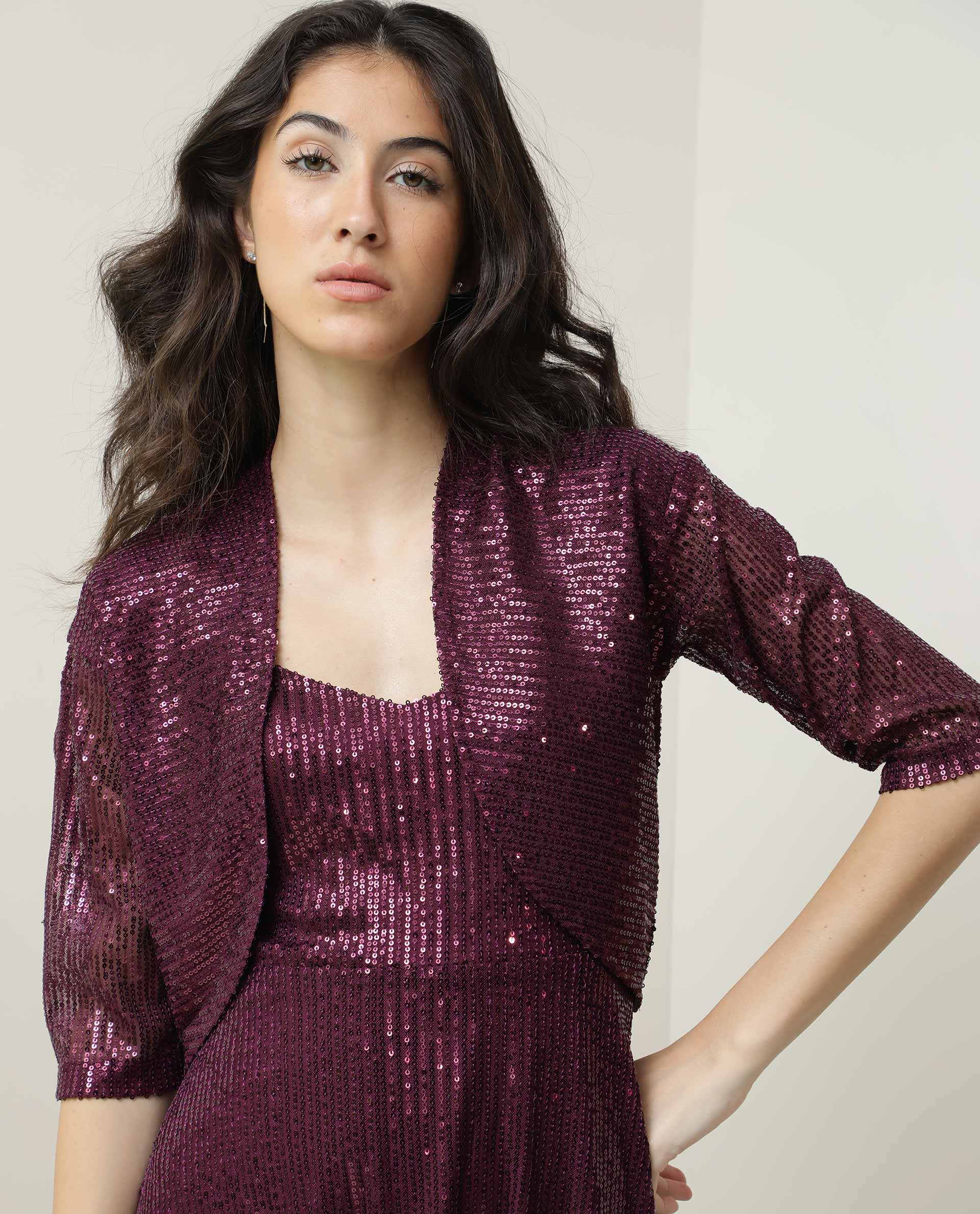 Rareism Women Agog Dark Maroon Nylon Fabric 3/4Th Sleeves Solid Collarless Knee Length Shrug