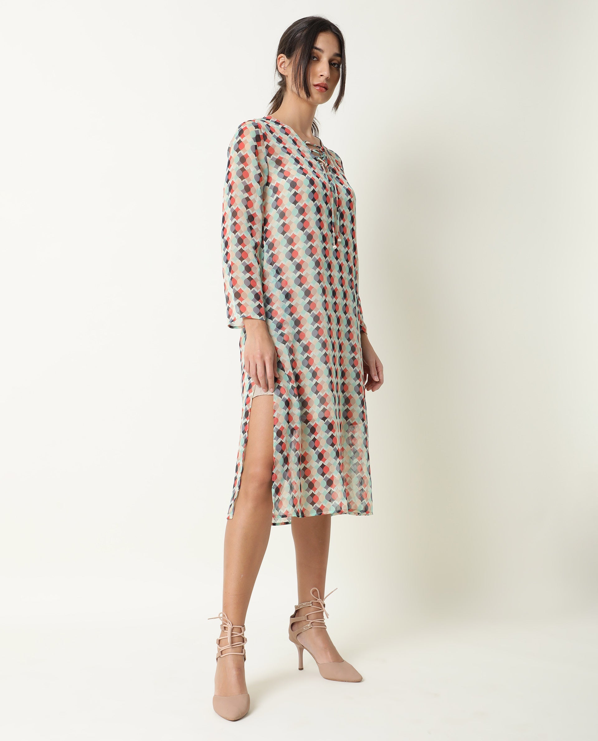 Rareism Women Mirun Multi Abstract Print Shoe Lace Tie Up 3/4 Sleeves Side Slit Sheer Kaftan Midi Dress