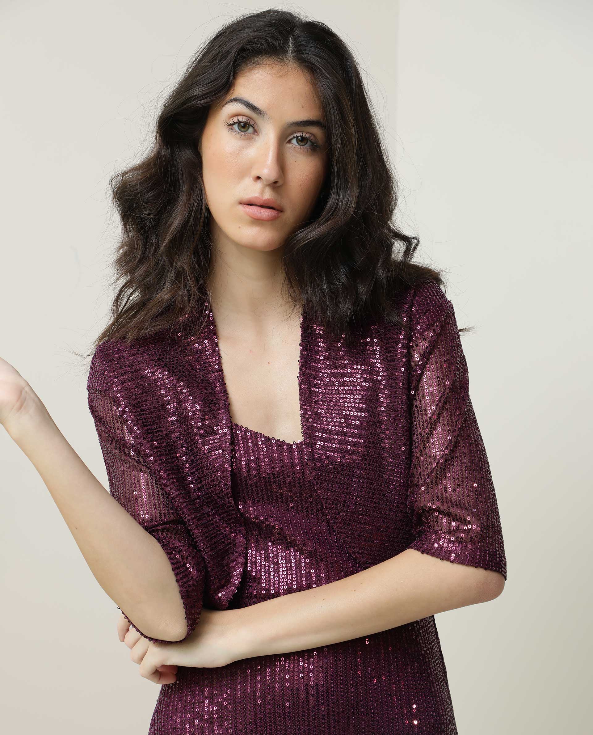 Rareism Women Agog Dark Maroon Nylon Fabric 3/4Th Sleeves Solid Collarless Knee Length Shrug