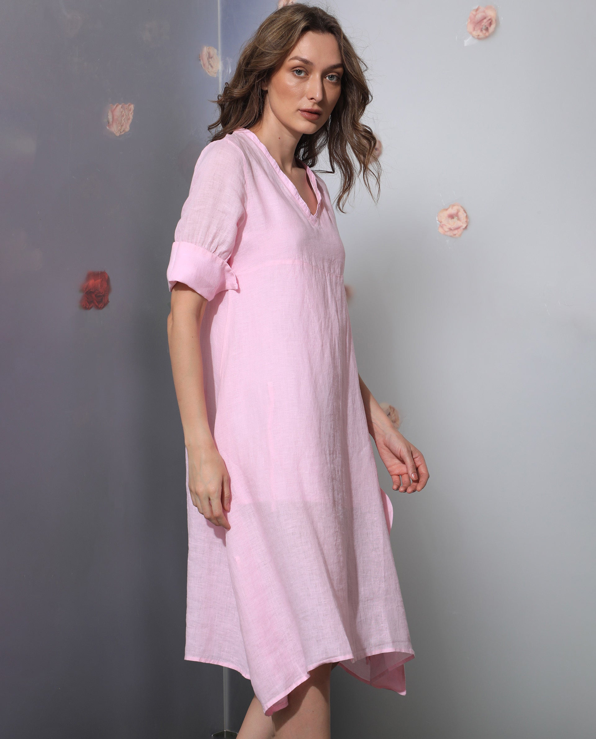 Rareism Women Chreey 1 Pink V Neck Tie-Up 3/4 Sleeves Symmetrical Knee Length Dress