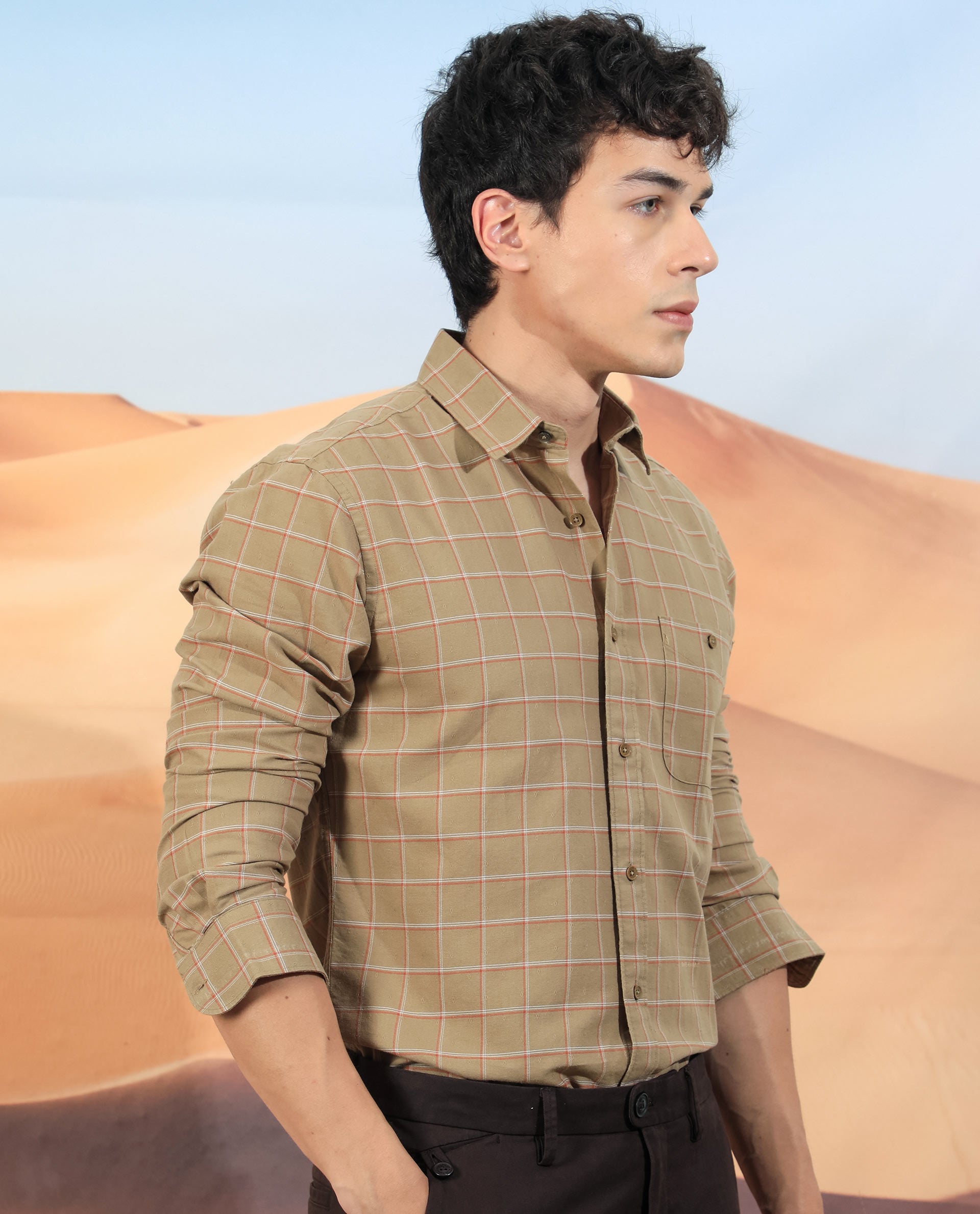 Rare Rabbit Men'S Lanny Beige Shirt Cotton Fabric Slim Fit Regular Collar Full Sleeve Duplin Check