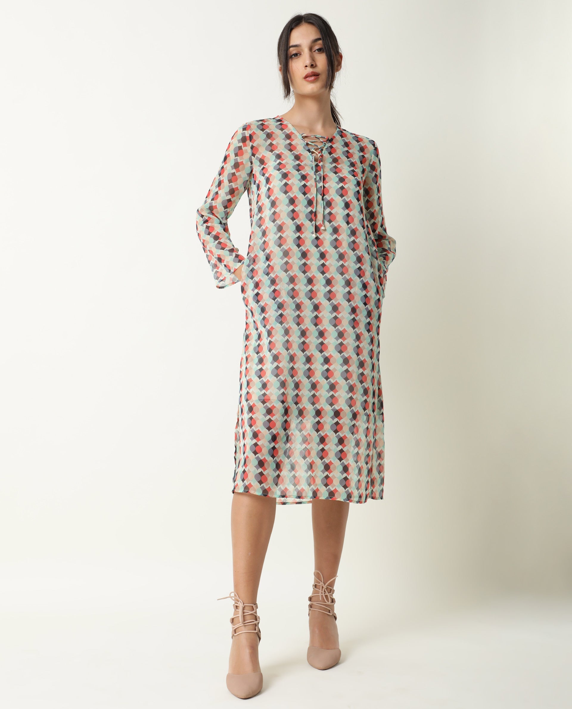 Rareism Women Mirun Multi Abstract Print Shoe Lace Tie Up 3/4 Sleeves Side Slit Sheer Kaftan Midi Dress