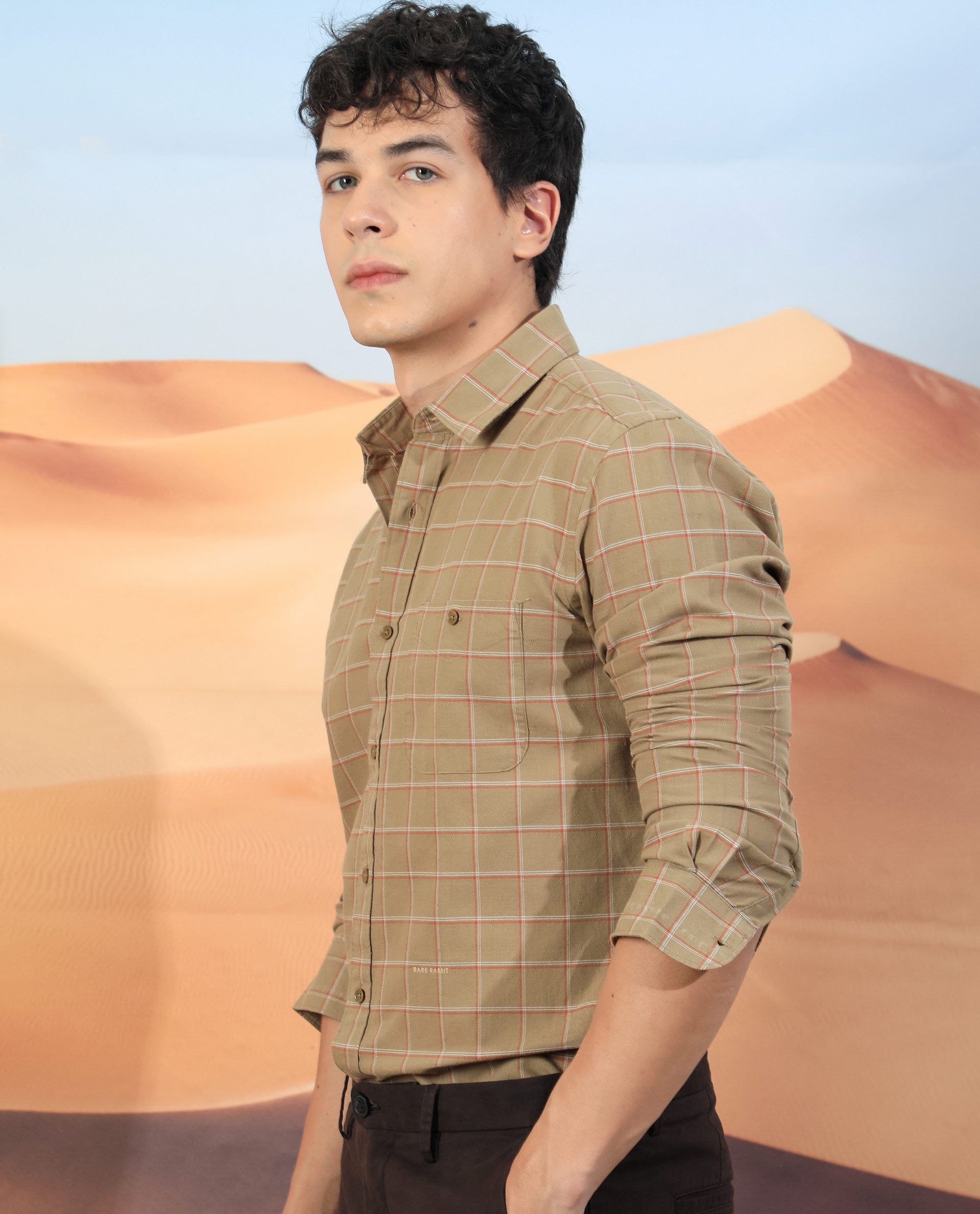 Rare Rabbit Men'S Lanny Beige Shirt Cotton Fabric Slim Fit Regular Collar Full Sleeve Duplin Check