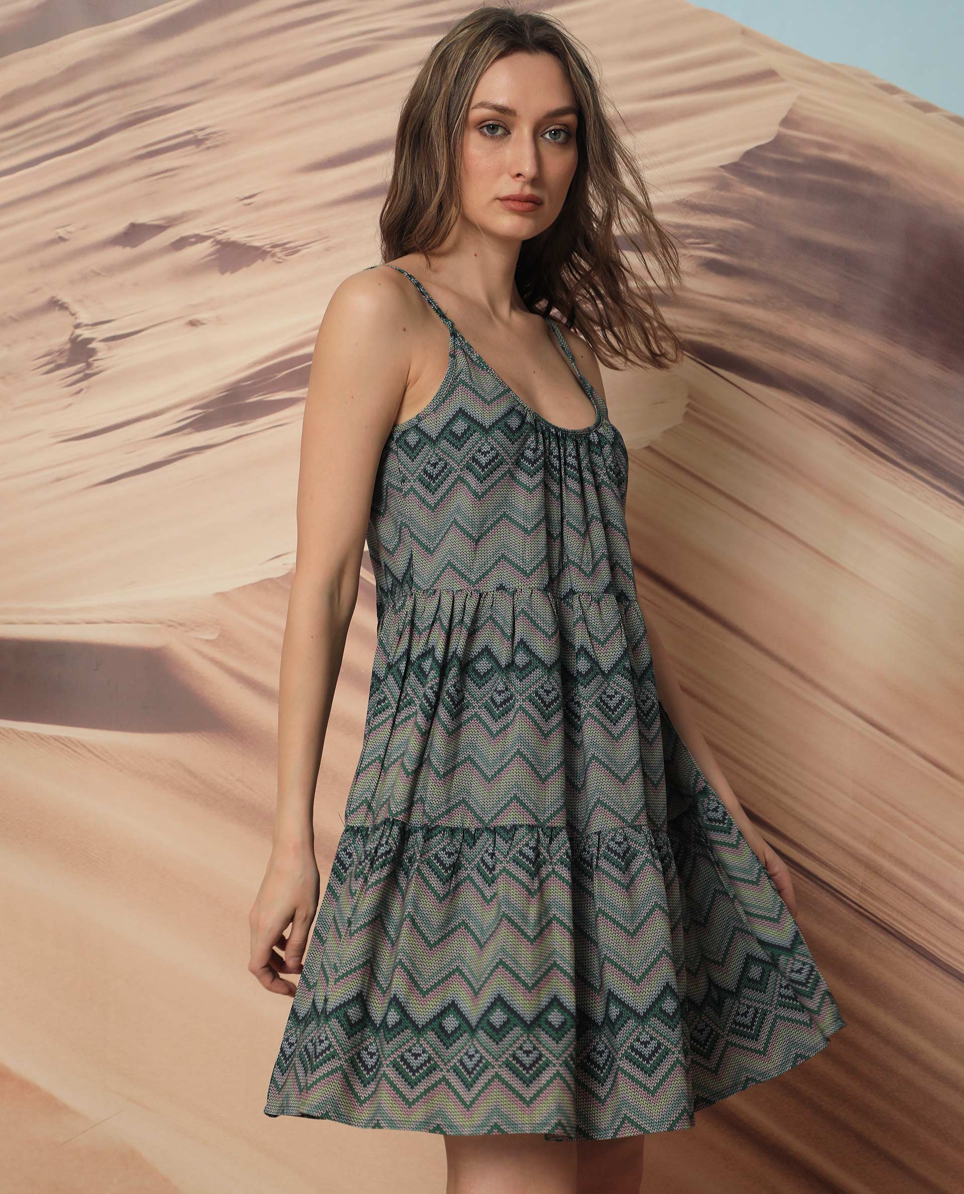 Rareism Women Callie Dark Green Polyester Fabric Sleeveless Shoulder Straps Regular Fit Geometric Print Knee Length Tiered Dress