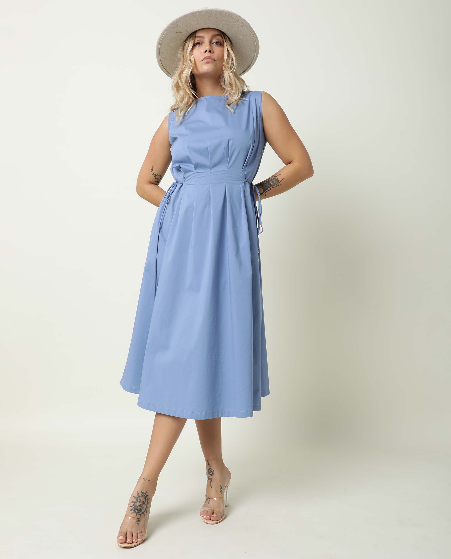 Rareism Women Zippo Blue Boat Neck Sleeveless Waist Drawstring With Back Button Closure And Pockets Midi Dress