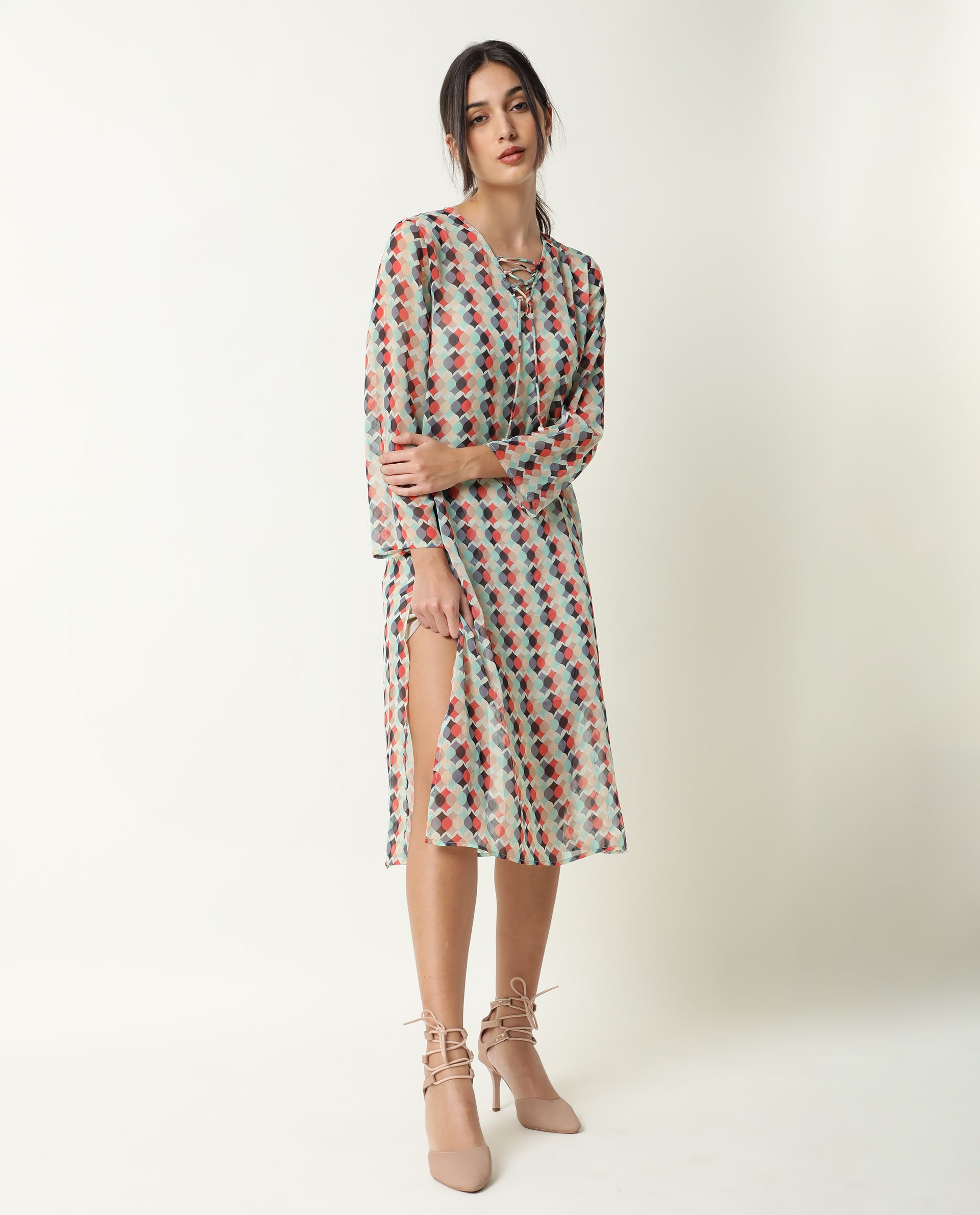 Rareism Women Mirun Multi Abstract Print Shoe Lace Tie Up 3/4 Sleeves Side Slit Sheer Kaftan Midi Dress