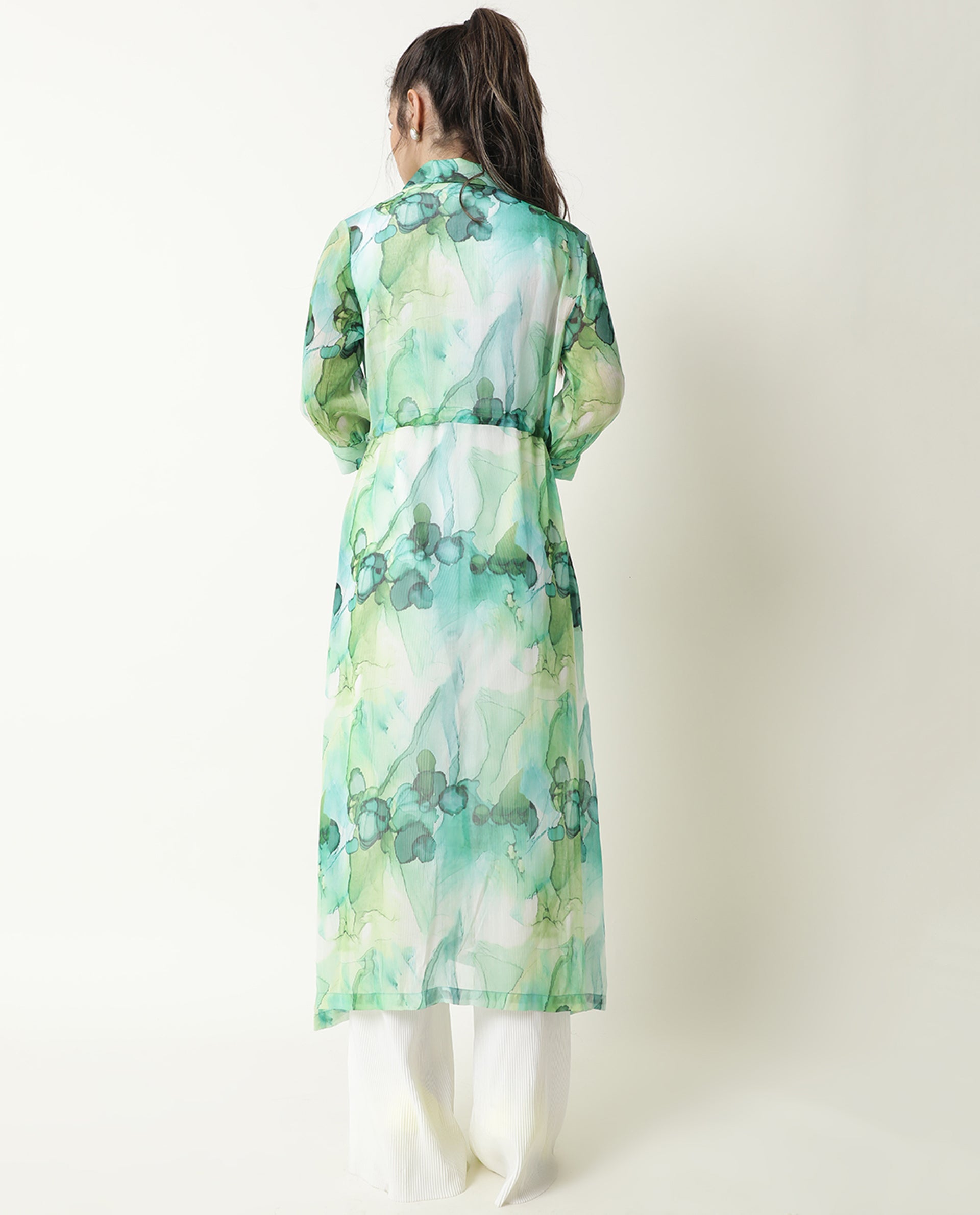 Rareism Women Jamaica Green Printed Shirt Collar Full Sleeves Front Button Placket Waist Drawstring Pockets Maxi Dress