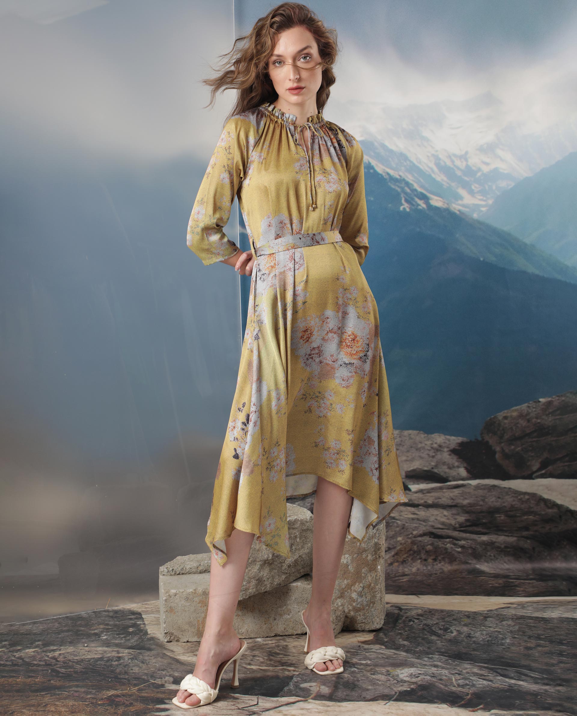 Rareism Women Journee Dark Yellow Polyester Fabric 3/4Th Sleeves Ruffled Neck Regular Fit Floral Print Midi Asymmetric Dress