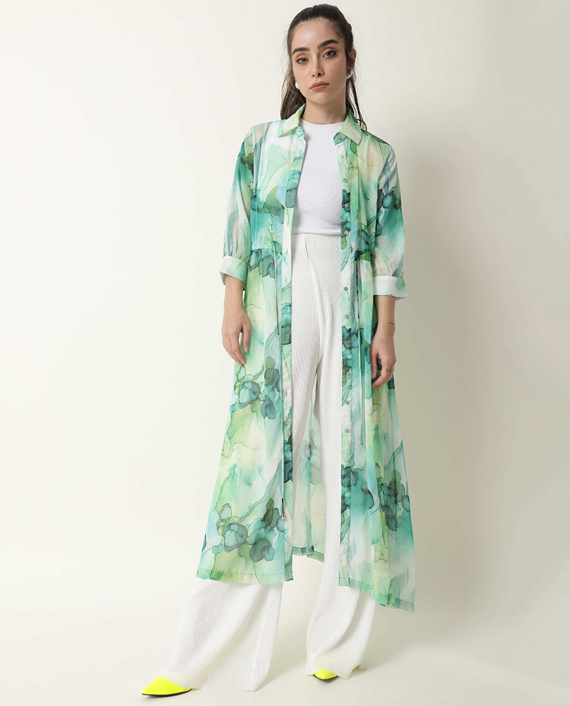 Rareism Women Jamaica Green Printed Shirt Collar Full Sleeves Front Button Placket Waist Drawstring Pockets Maxi Dress