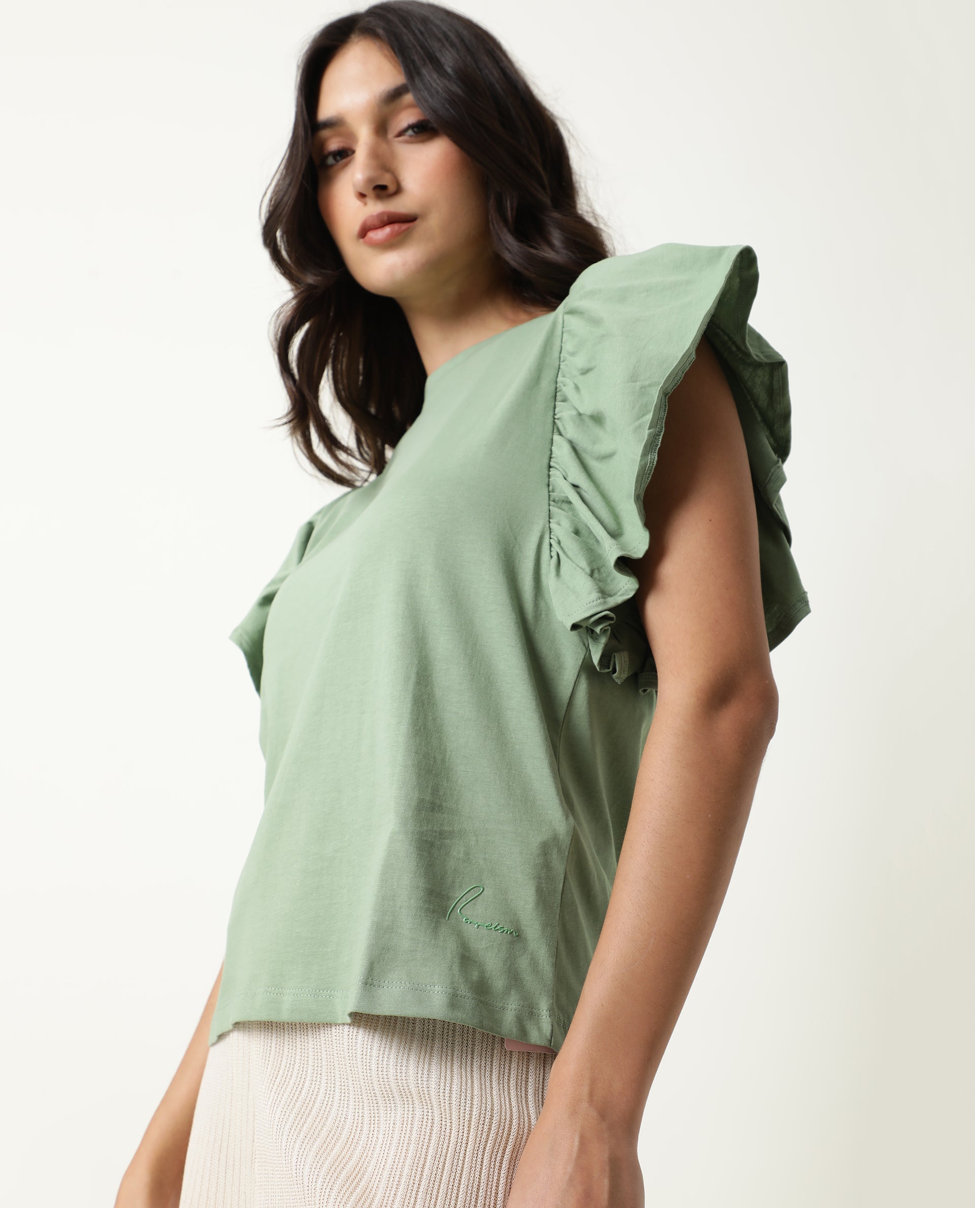 Rareism Womens Yatch Green Top Cotton Fabric Regular Fit Ruffled Sleeves Crew Neck