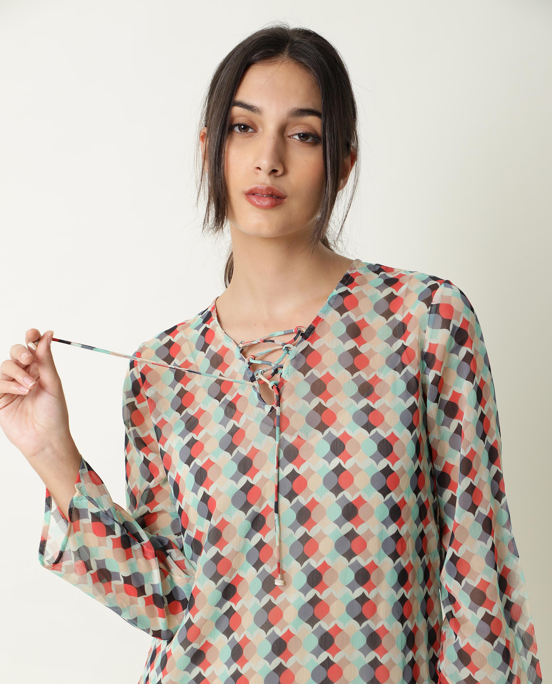 Rareism Women Mirun Multi Abstract Print Shoe Lace Tie Up 3/4 Sleeves Side Slit Sheer Kaftan Midi Dress