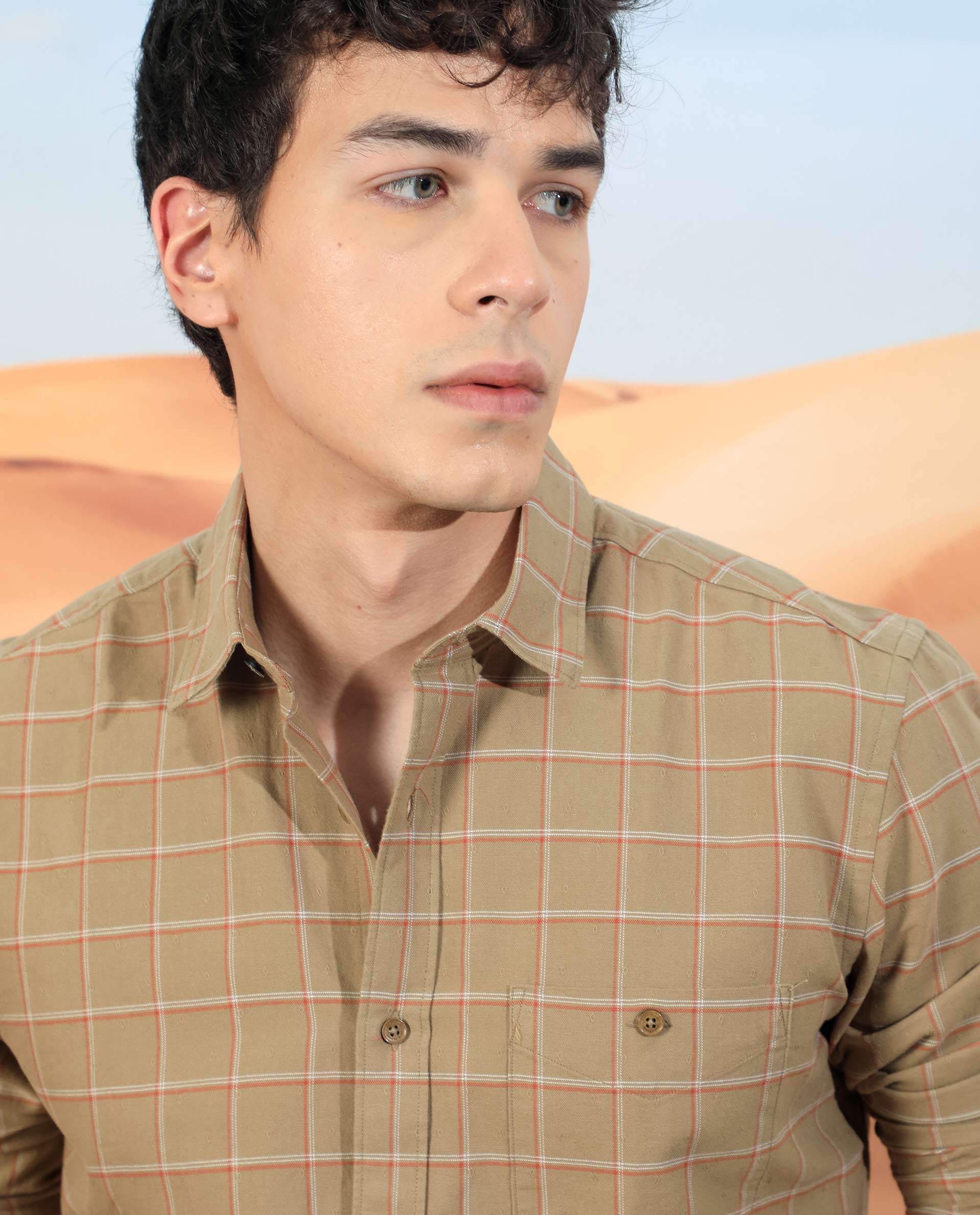 Rare Rabbit Men'S Lanny Beige Shirt Cotton Fabric Slim Fit Regular Collar Full Sleeve Duplin Check