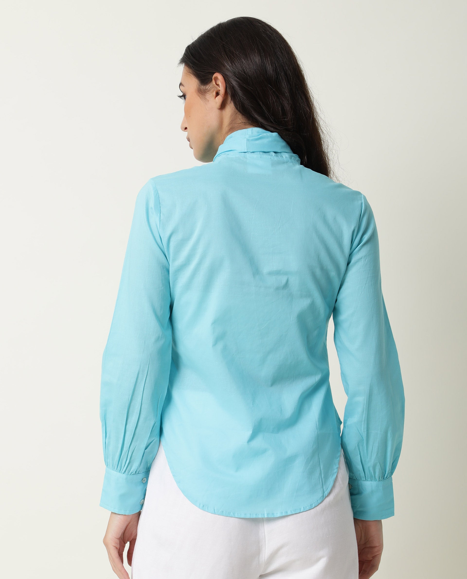 Rareism Womens Flame Blue Top Cotton Fabric Full Sleeves Tie Up Neckline