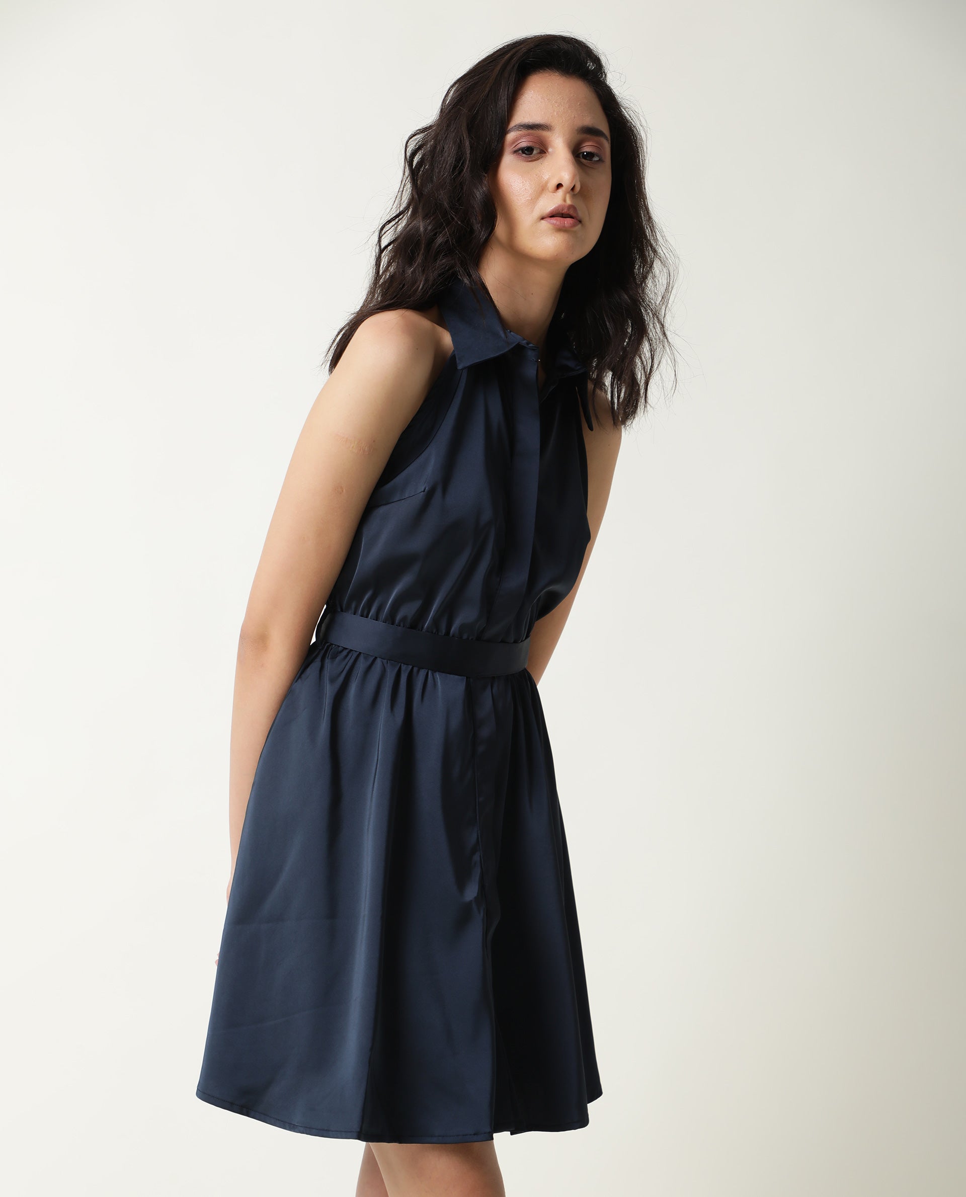 Rareism Women Sulphur Navy Shirt Collar Halter Neck Full Front Button Closure Placket With Fabric Waist Belt Mini Dress