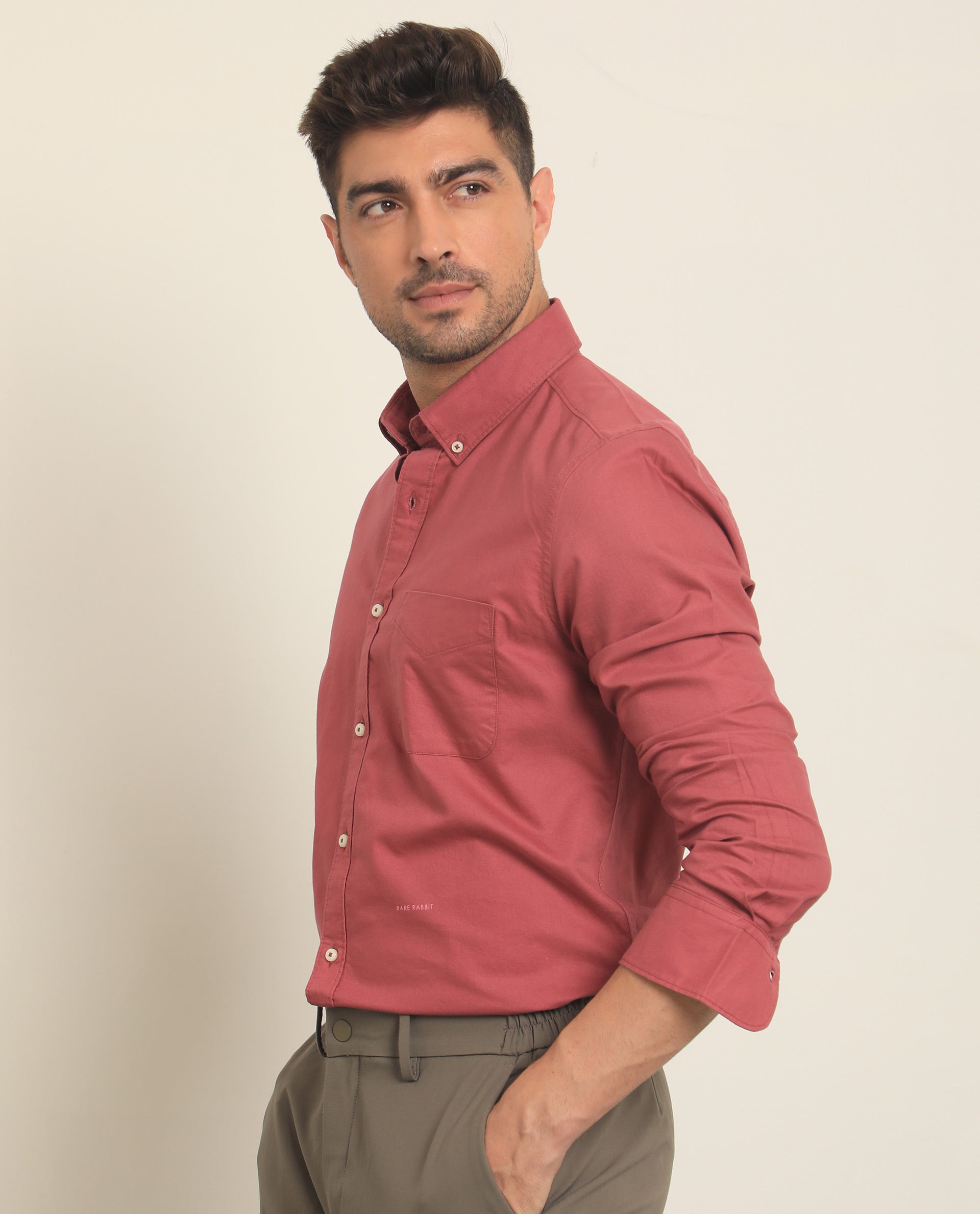 Rare Rabbit Men's Auxfo Pink Cotton Fabric Full Sleeves Solid Shirt