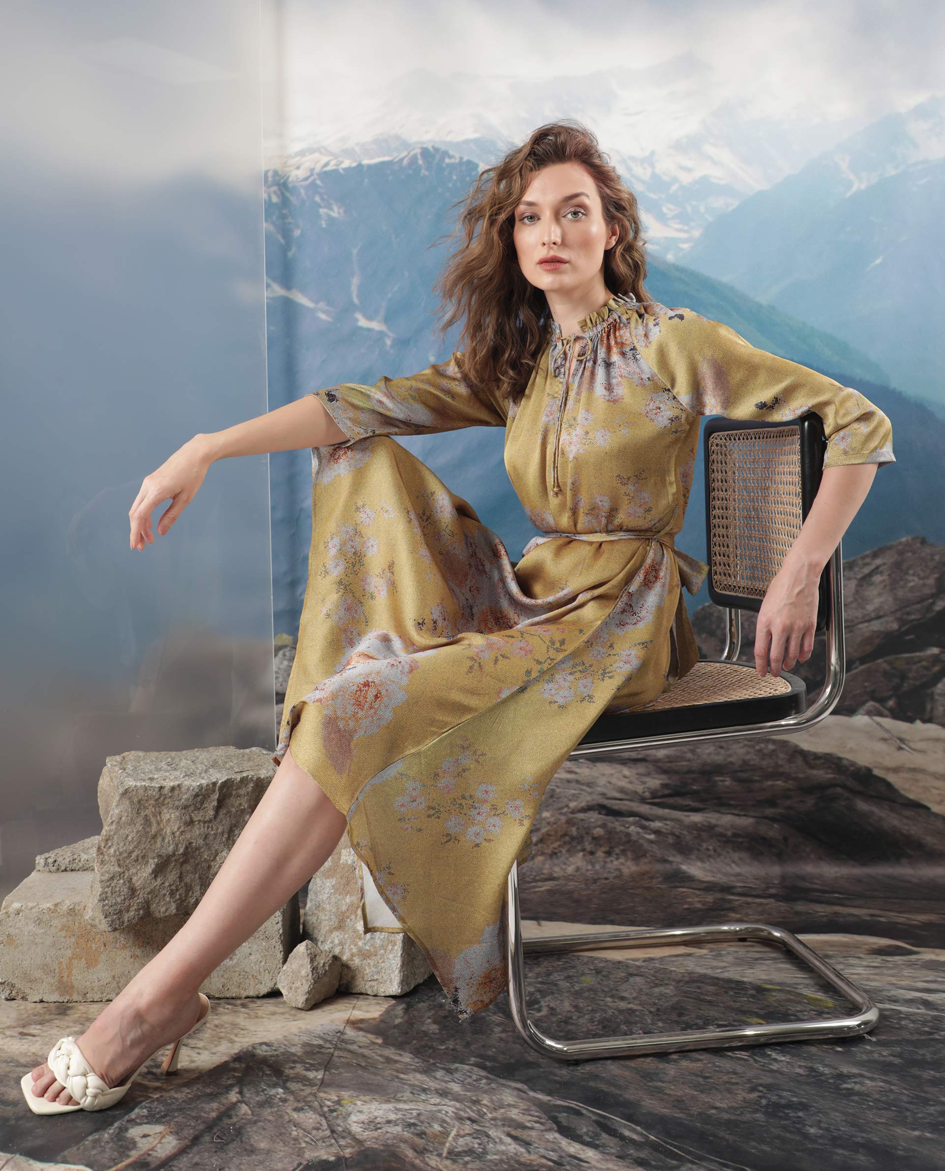 Rareism Women Journee Dark Yellow Polyester Fabric 3/4Th Sleeves Ruffled Neck Regular Fit Floral Print Midi Asymmetric Dress